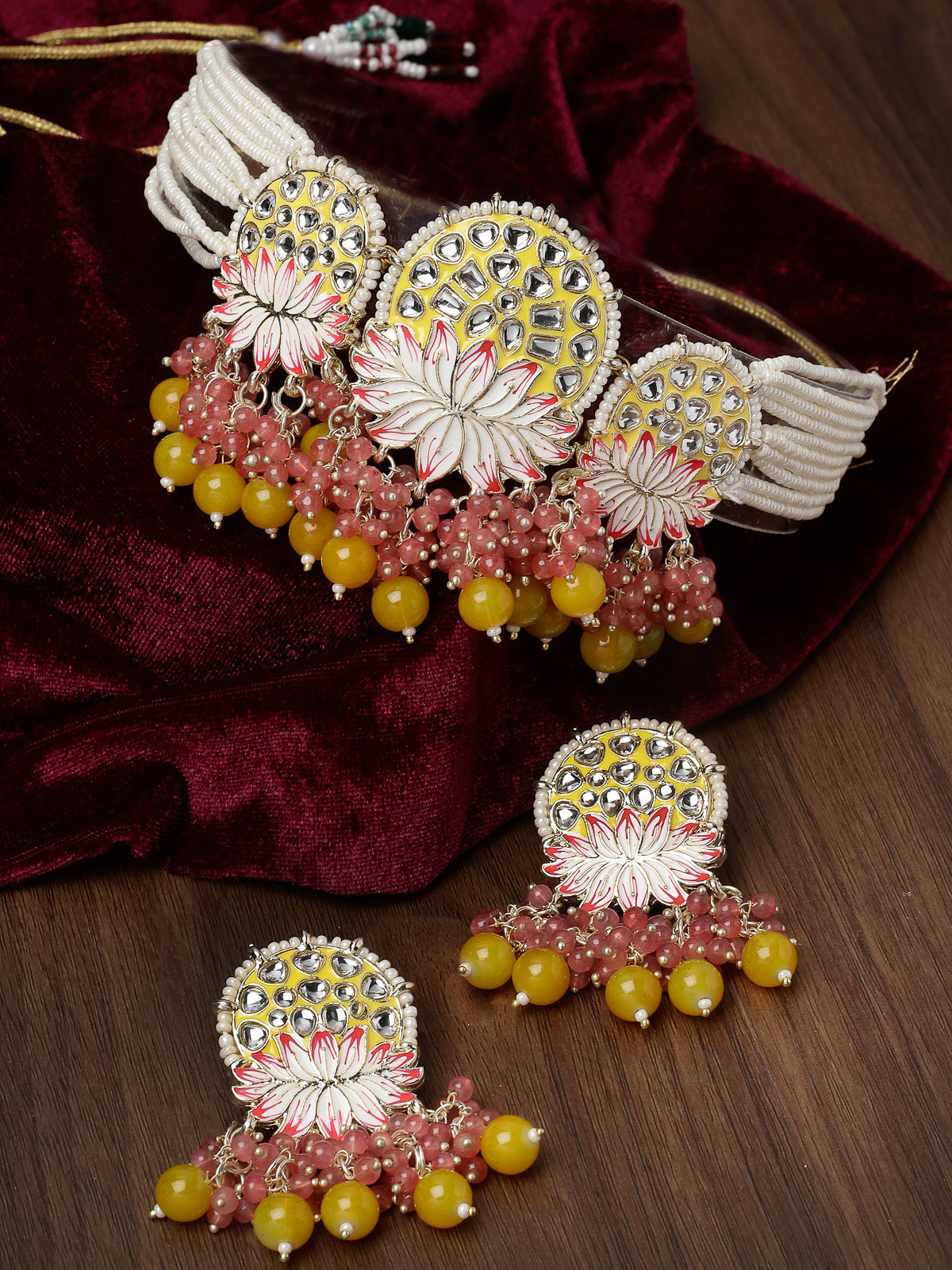 Studio Sukkhi Dazzling Gold Plated Yellow Kundan & Beads Choker Necklace Set For Women NS105822