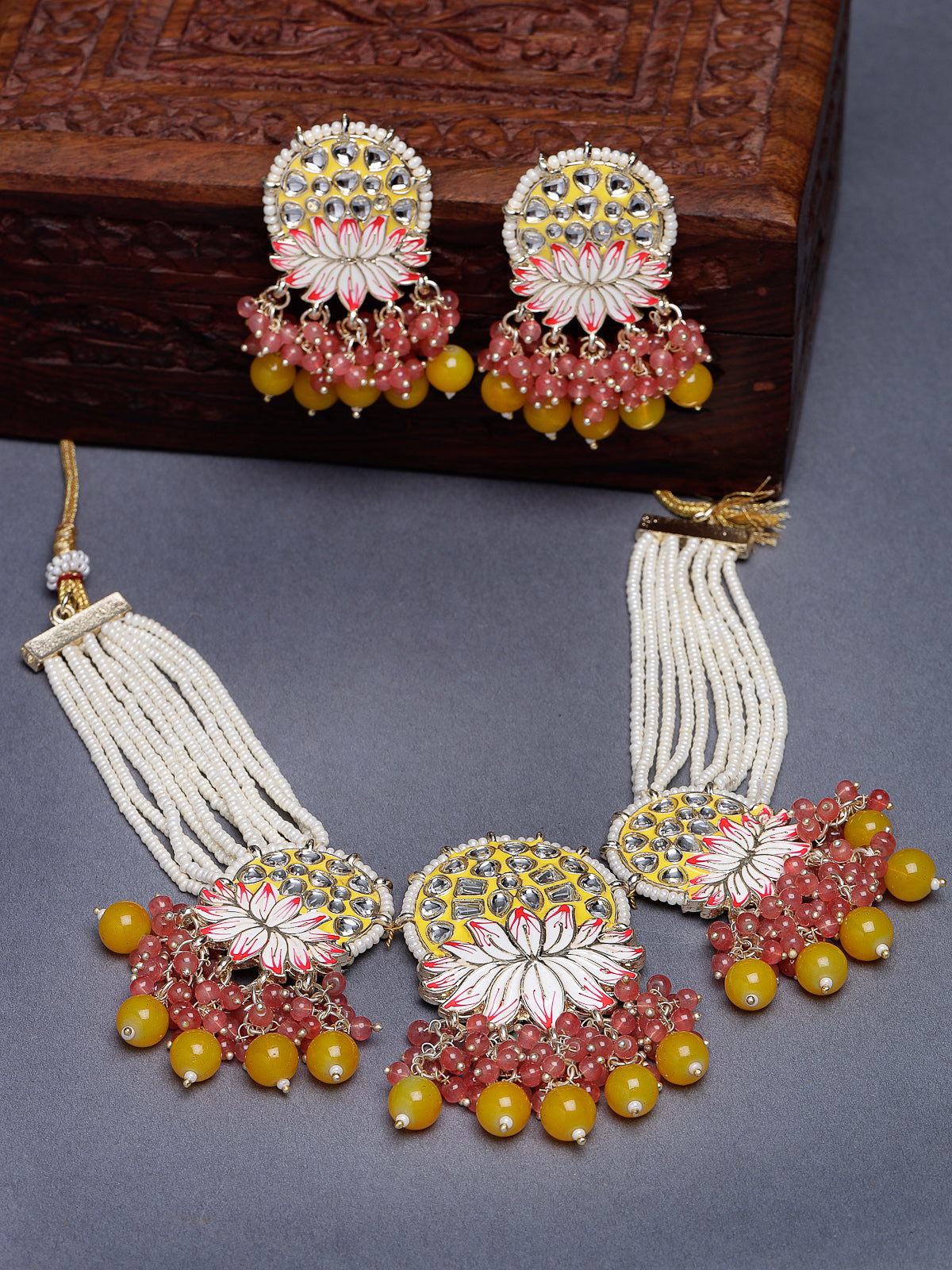 Studio Sukkhi Dazzling Gold Plated Yellow Kundan & Beads Choker Necklace Set For Women NS105822
