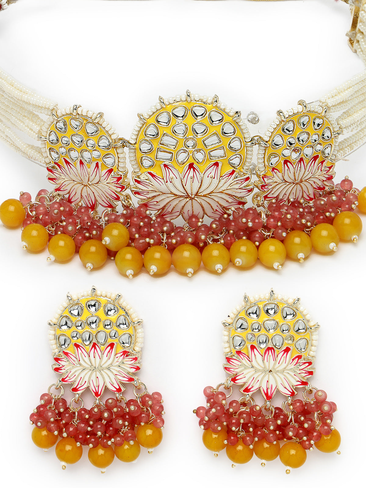 Studio Sukkhi Dazzling Gold Plated Yellow Kundan & Beads Choker Necklace Set For Women NS105822