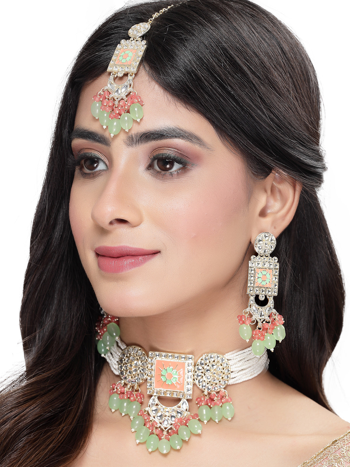 Studio Sukkhi Bewitching Gold Plated Mint Green Kundan & Beads Choker Necklace Set For Women NS105823