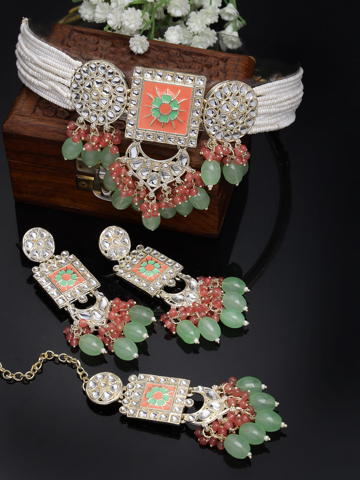 Studio Sukkhi Bewitching Gold Plated Mint Green Kundan & Beads Choker Necklace Set For Women NS105823