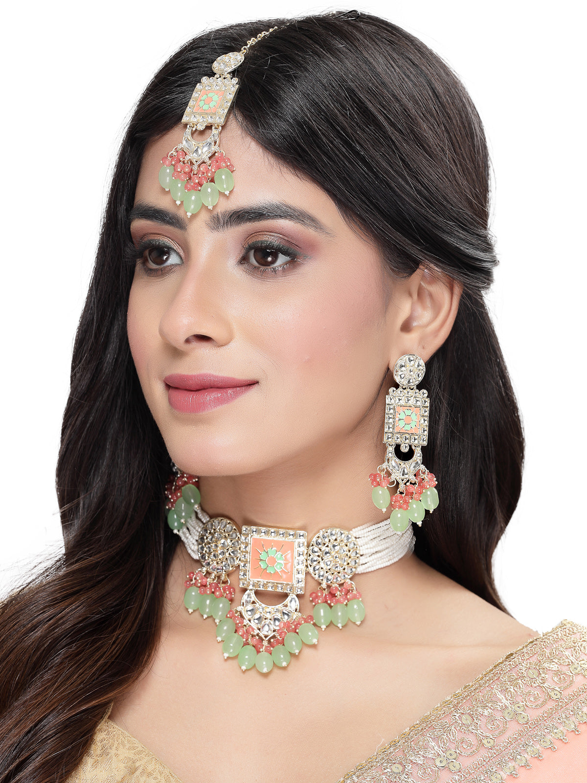 Studio Sukkhi Bewitching Gold Plated Mint Green Kundan & Beads Choker Necklace Set For Women NS105823