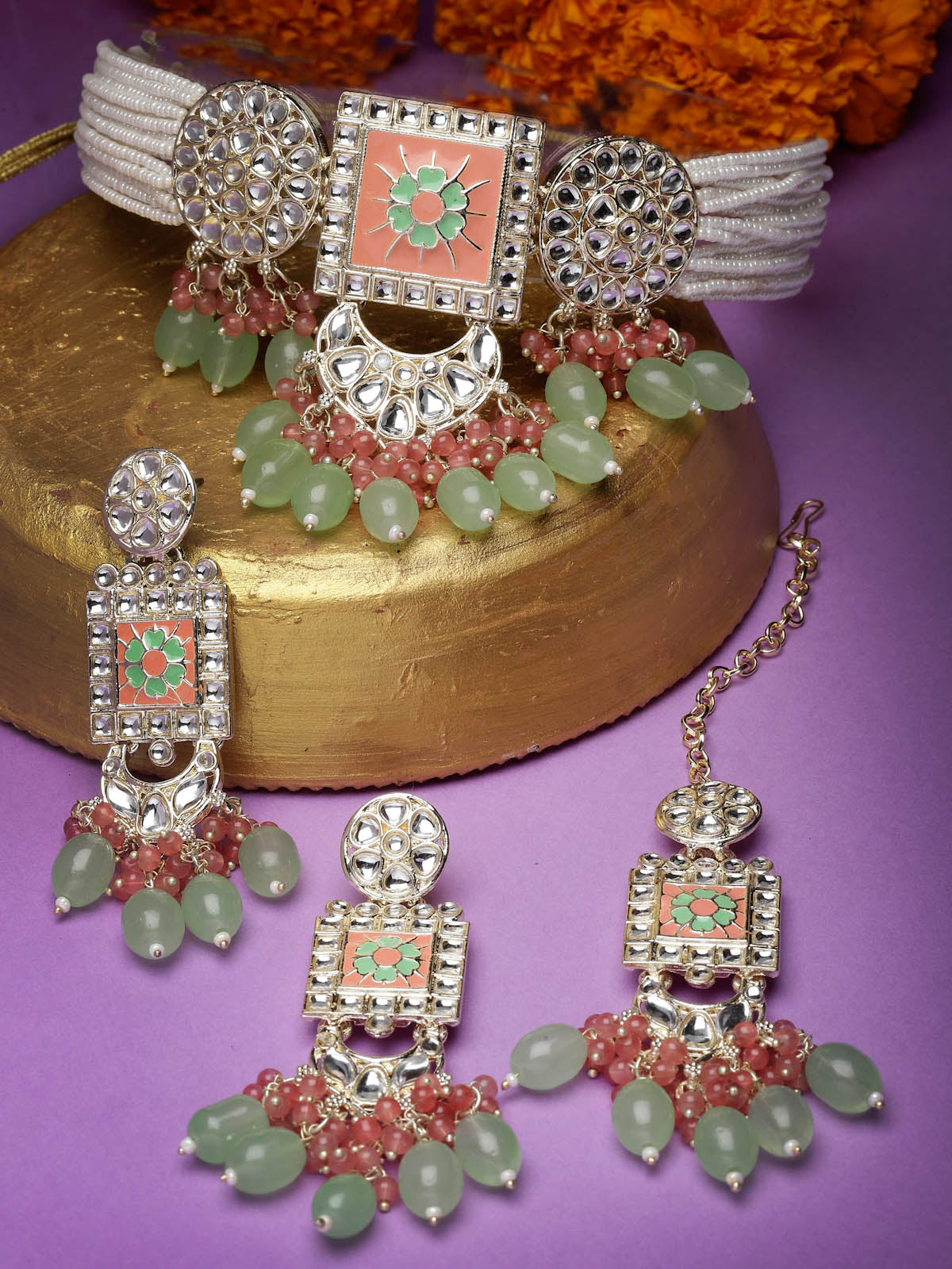 Studio Sukkhi Bewitching Gold Plated Mint Green Kundan & Beads Choker Necklace Set For Women NS105823