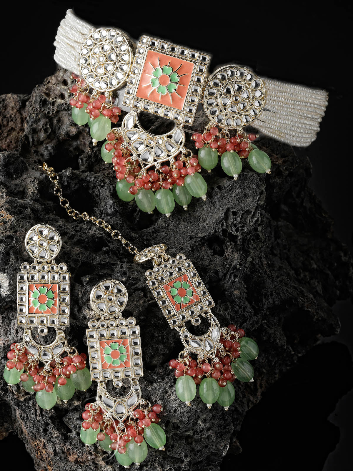 Studio Sukkhi Bewitching Gold Plated Mint Green Kundan & Beads Choker Necklace Set For Women NS105823