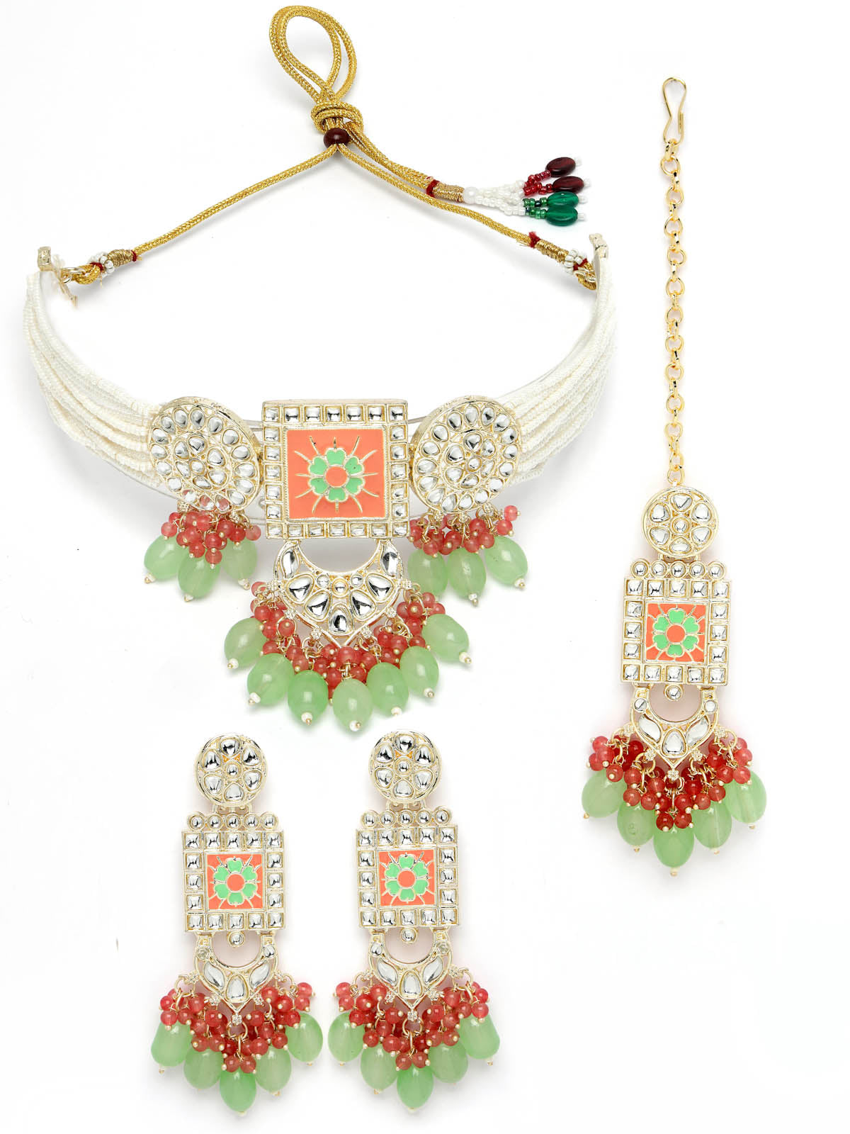 Studio Sukkhi Bewitching Gold Plated Mint Green Kundan & Beads Choker Necklace Set For Women NS105823