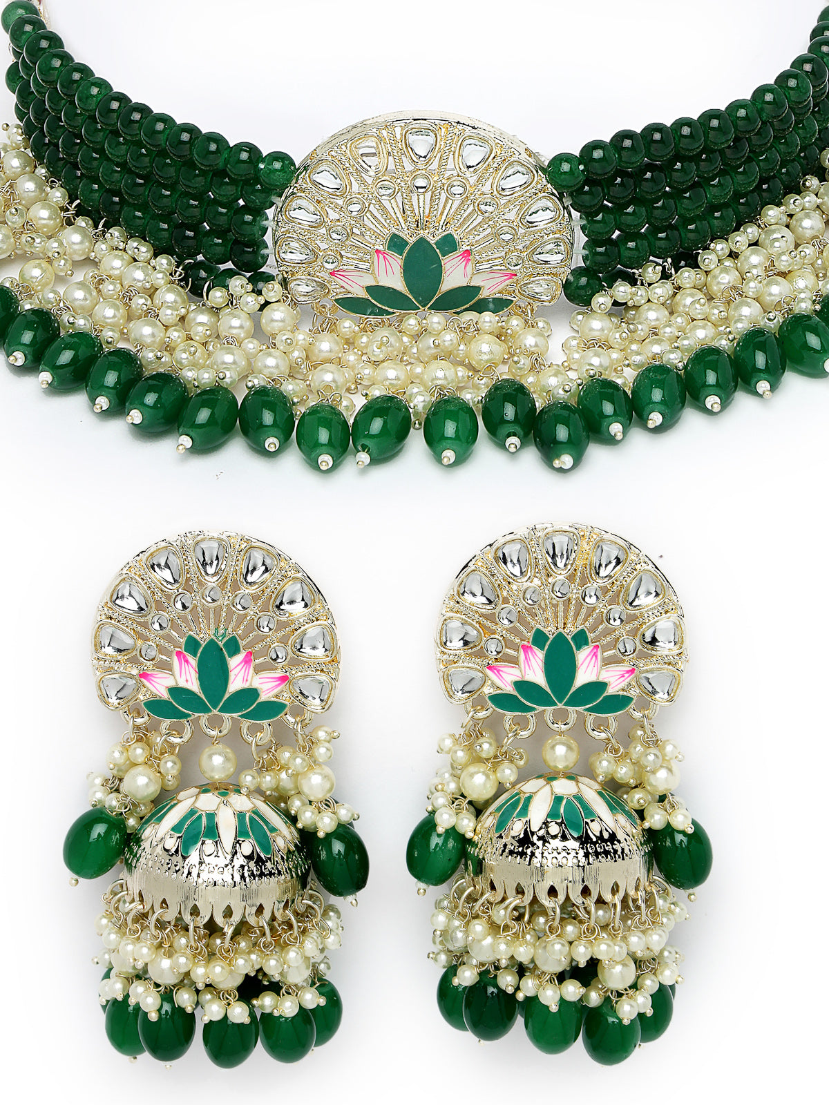 Studio Sukkhi Heavenly Gold Plated Green Kundan & Beads Choker Necklace Set For Women NS105824