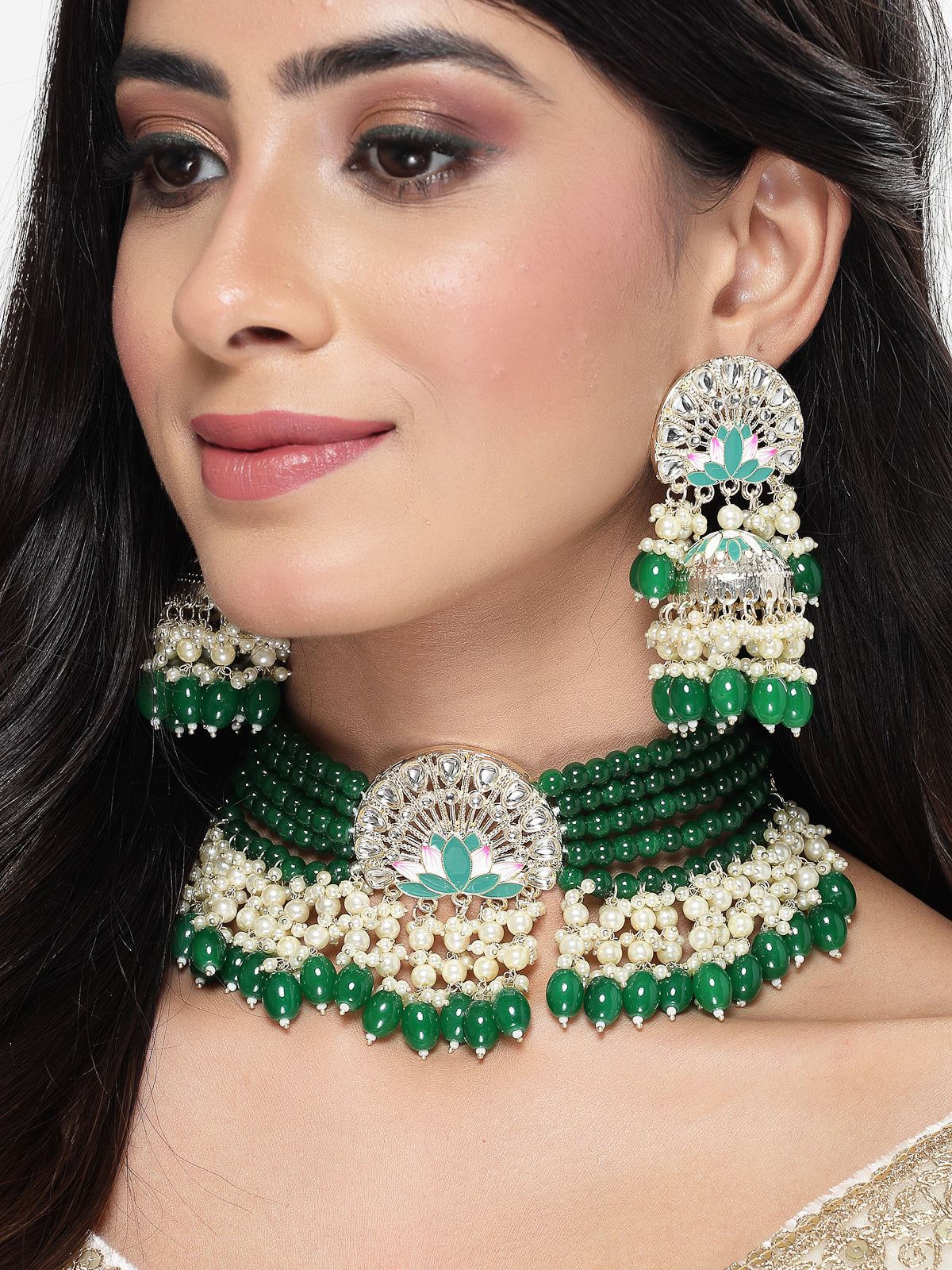Studio Sukkhi Heavenly Gold Plated Green Kundan & Beads Choker Necklace Set For Women NS105824
