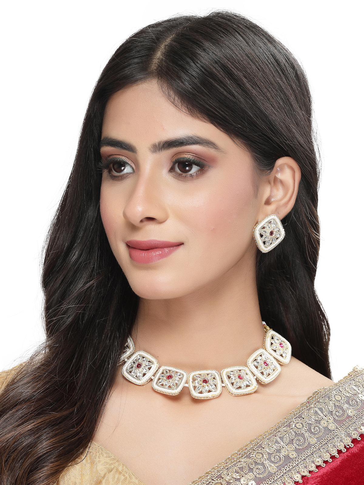 Studio Sukkhi Ravishing Gold Plated White Kundan & Beads Choker Necklace Set For Women NS105825