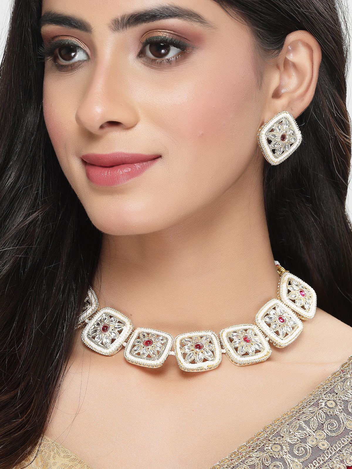 Studio Sukkhi Ravishing Gold Plated White Kundan & Beads Choker Necklace Set For Women NS105825
