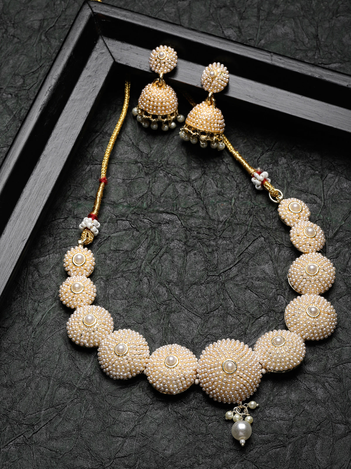 Studio Sukkhi Creative Gold Plated White Beads Choker Necklace Set For Women NS105826