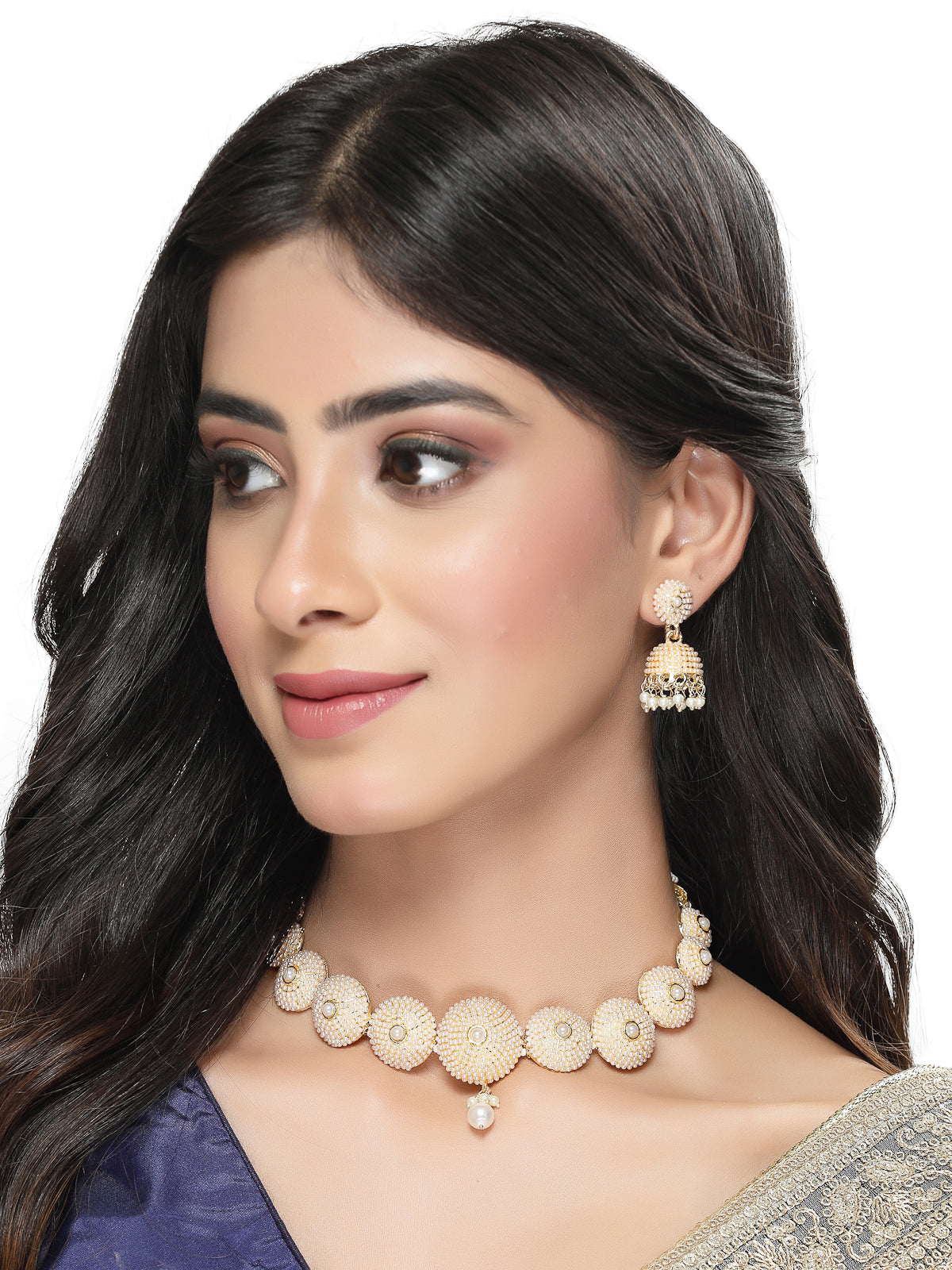 Studio Sukkhi Creative Gold Plated White Beads Choker Necklace Set For Women NS105826