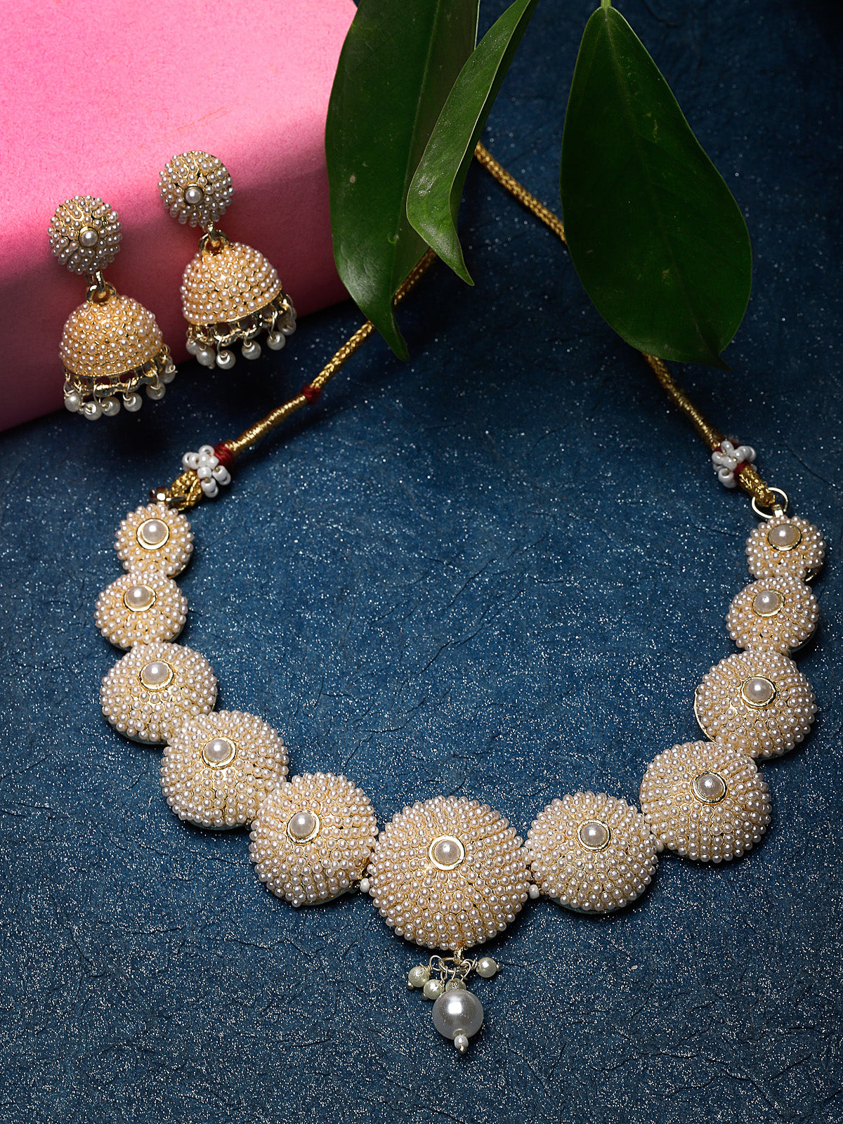 Studio Sukkhi Creative Gold Plated White Beads Choker Necklace Set For Women NS105826