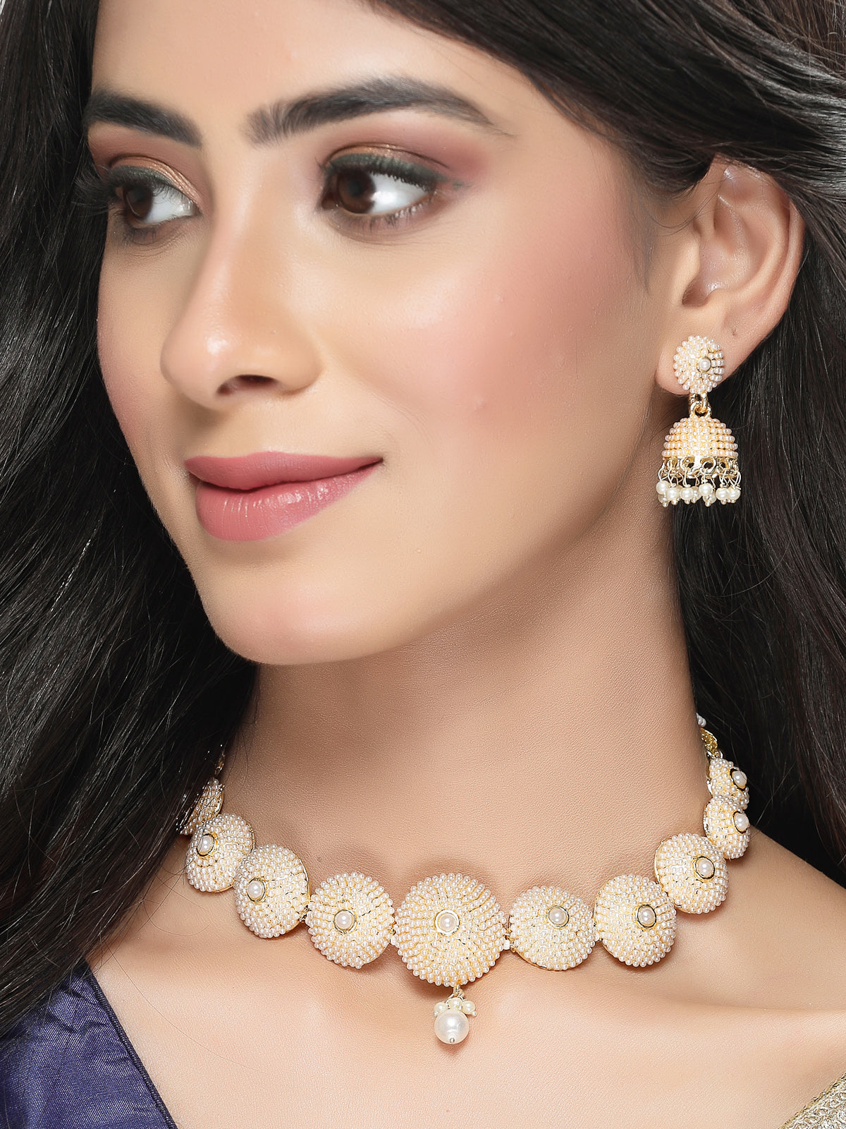 Studio Sukkhi Creative Gold Plated White Beads Choker Necklace Set For Women NS105826