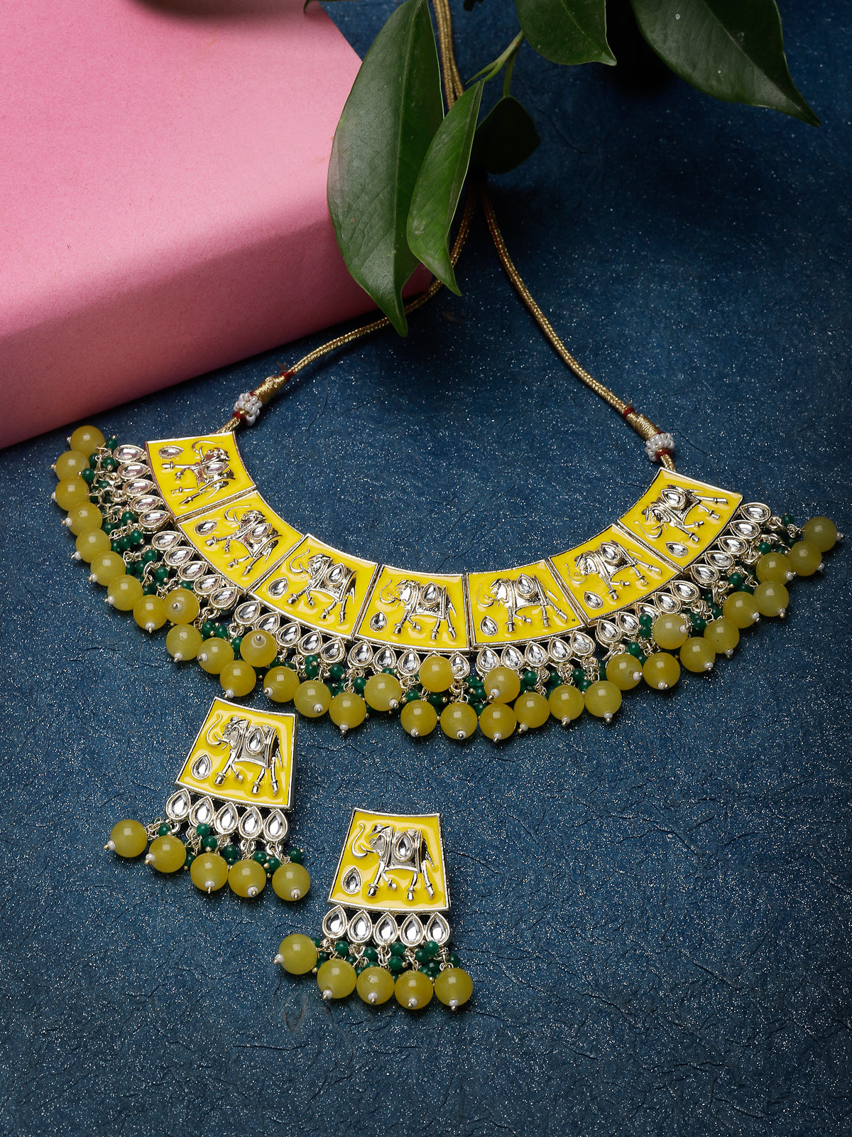 Studio Sukkhi Artistic Gold Plated Yellow Kundan & Beads Choker Necklace Set For Women NS105828