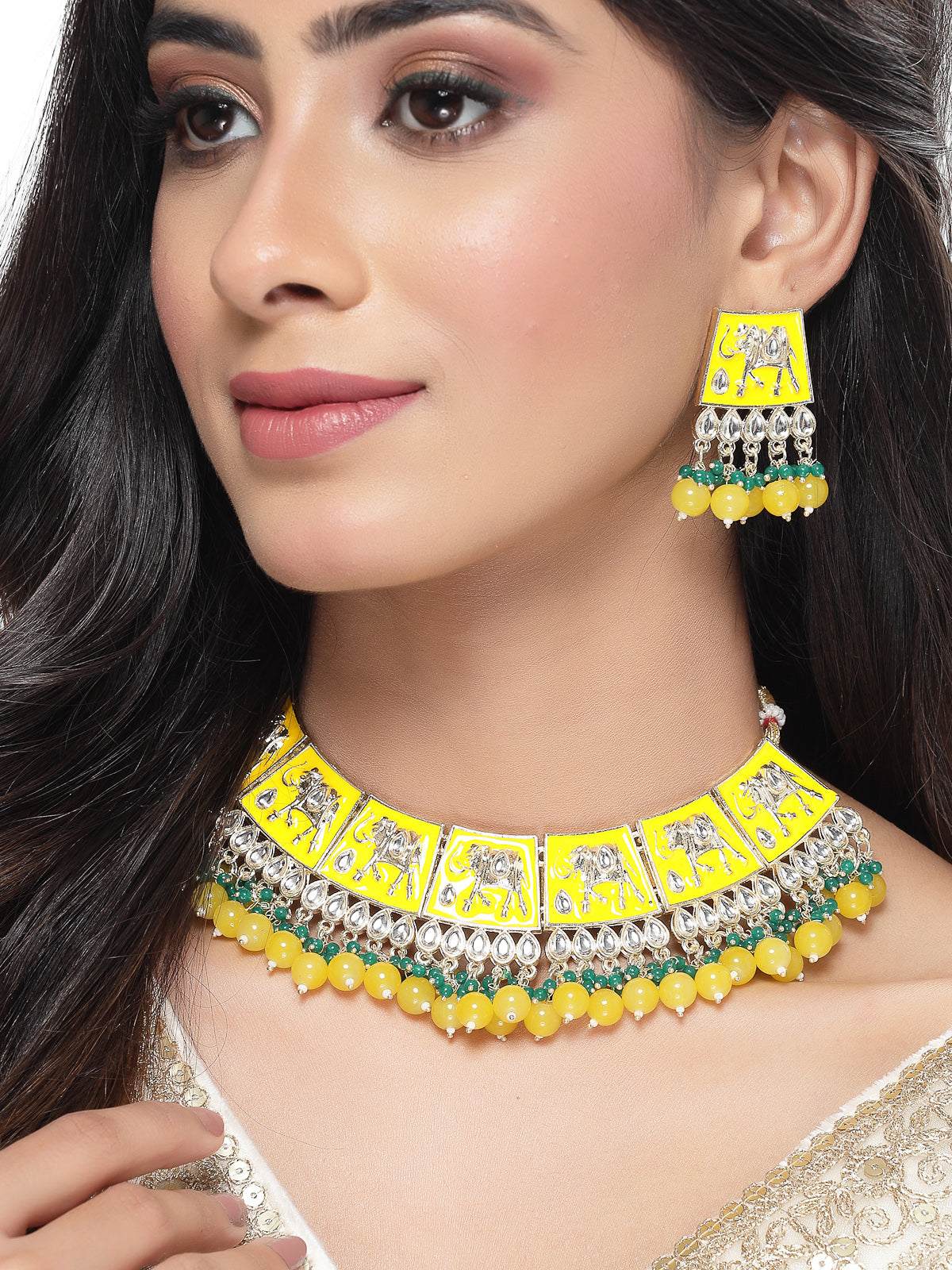 Studio Sukkhi Artistic Gold Plated Yellow Kundan & Beads Choker Necklace Set For Women NS105828