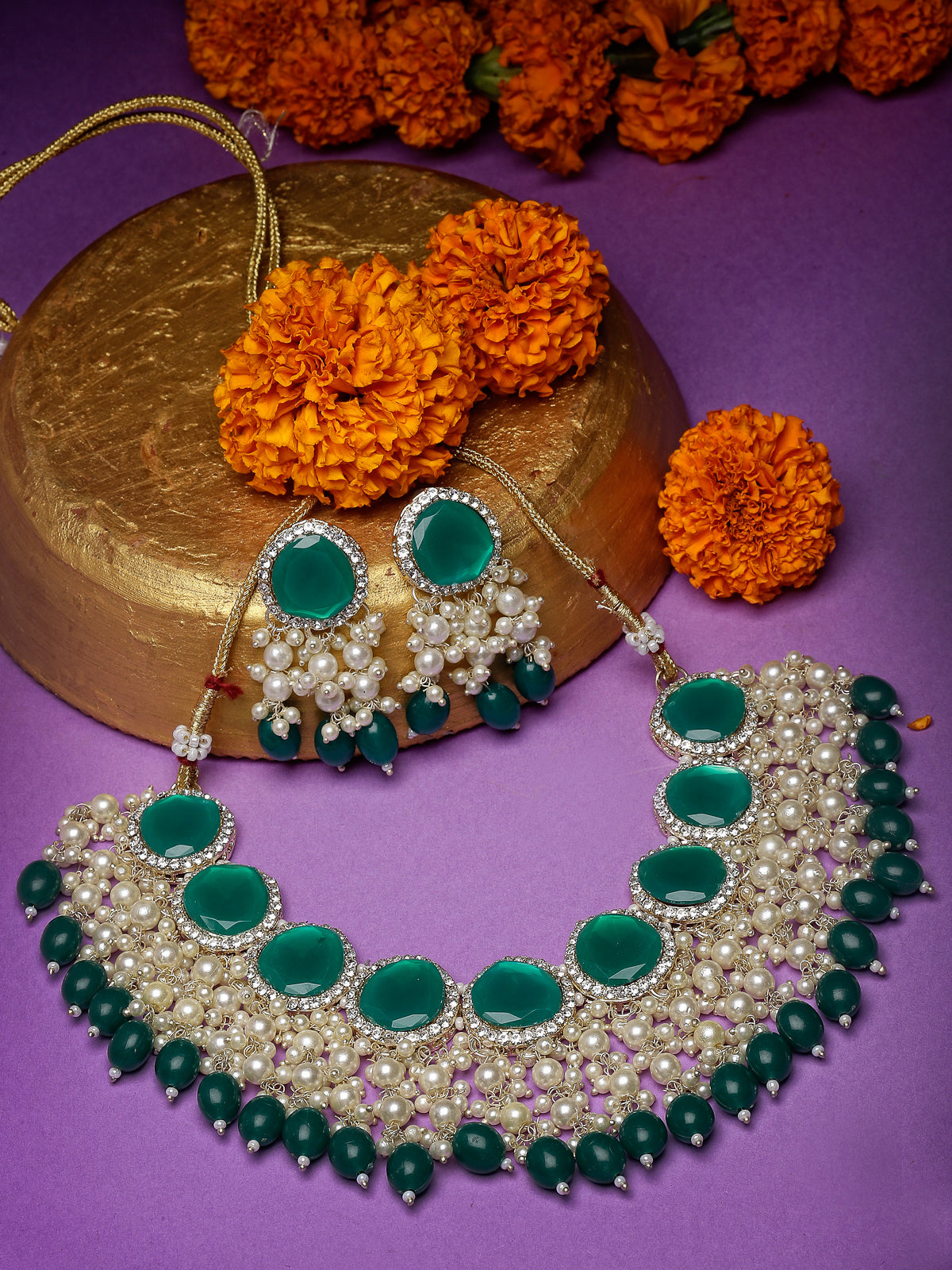 Studio Sukkhi Sparkling Gold Plated Green Kundan & Beads Choker Necklace Set For Women NS105829