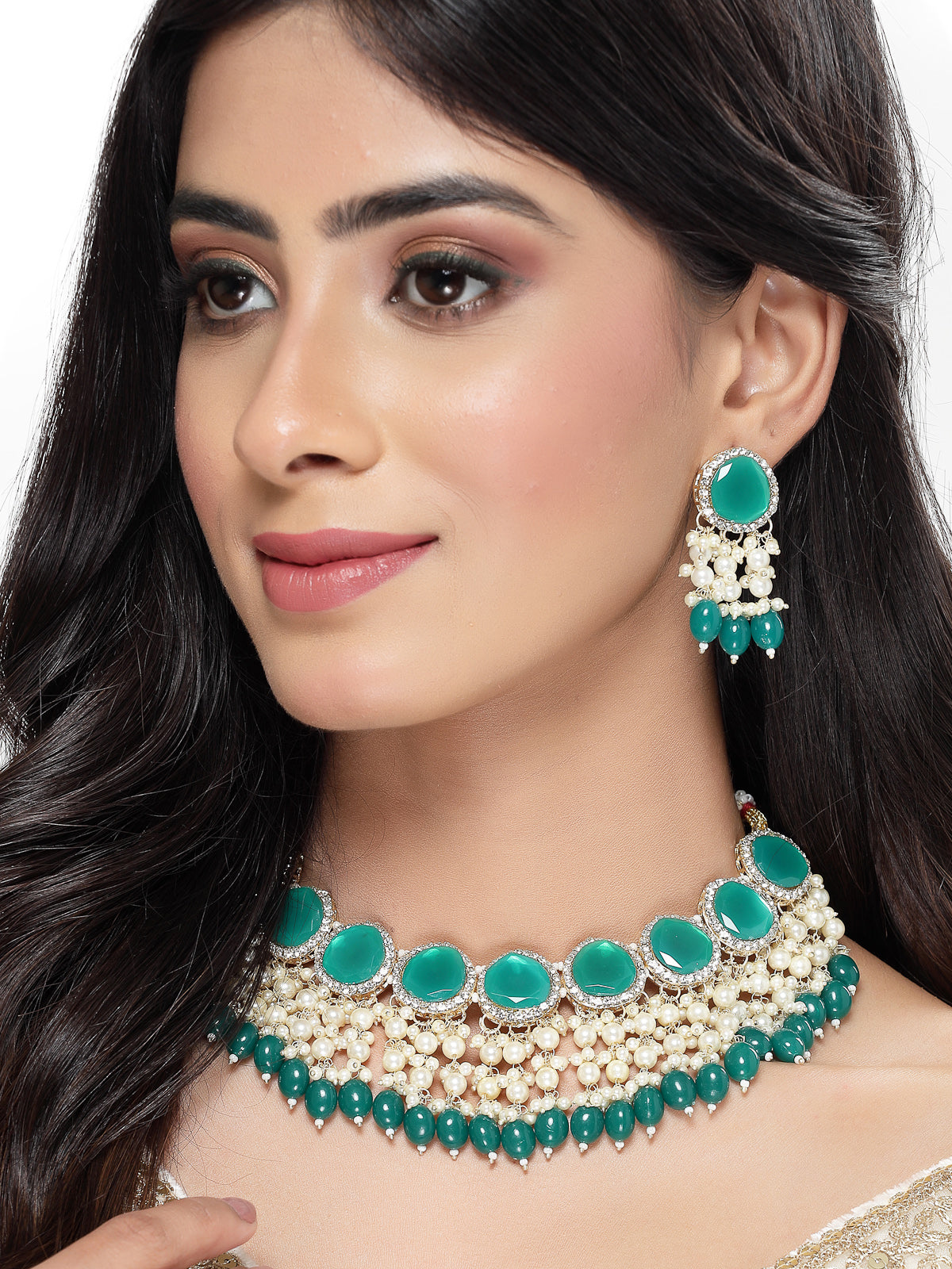 Studio Sukkhi Sparkling Gold Plated Green Kundan & Beads Choker Necklace Set For Women NS105829