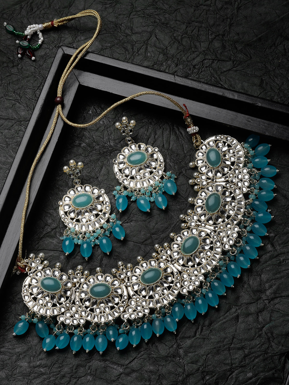 Studio Sukkhi Winsome Gold Plated Aqua Blue Kundan & Beads Choker Necklace Set For Women NS105830