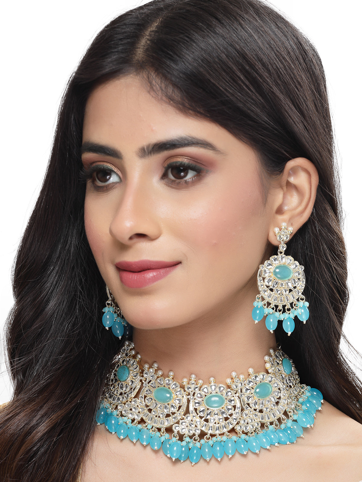 Studio Sukkhi Winsome Gold Plated Aqua Blue Kundan & Beads Choker Necklace Set For Women NS105830