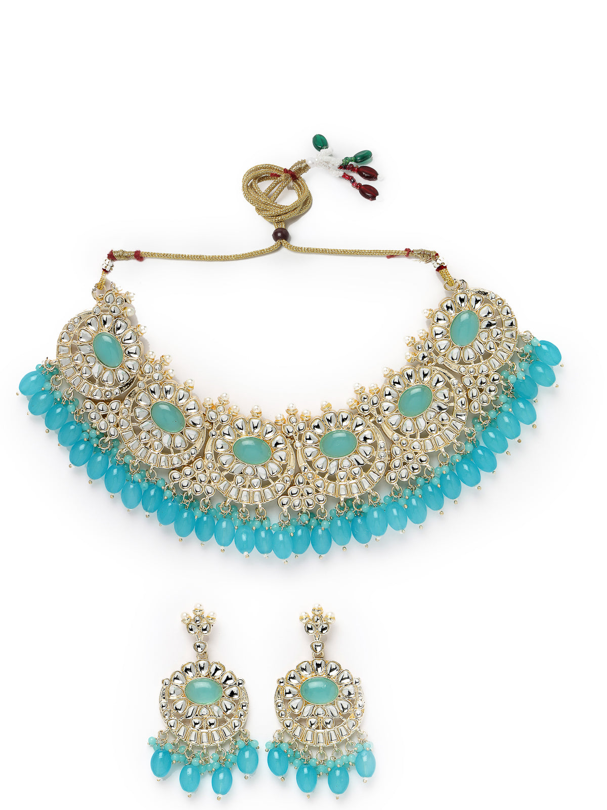 Studio Sukkhi Winsome Gold Plated Aqua Blue Kundan & Beads Choker Necklace Set For Women NS105830