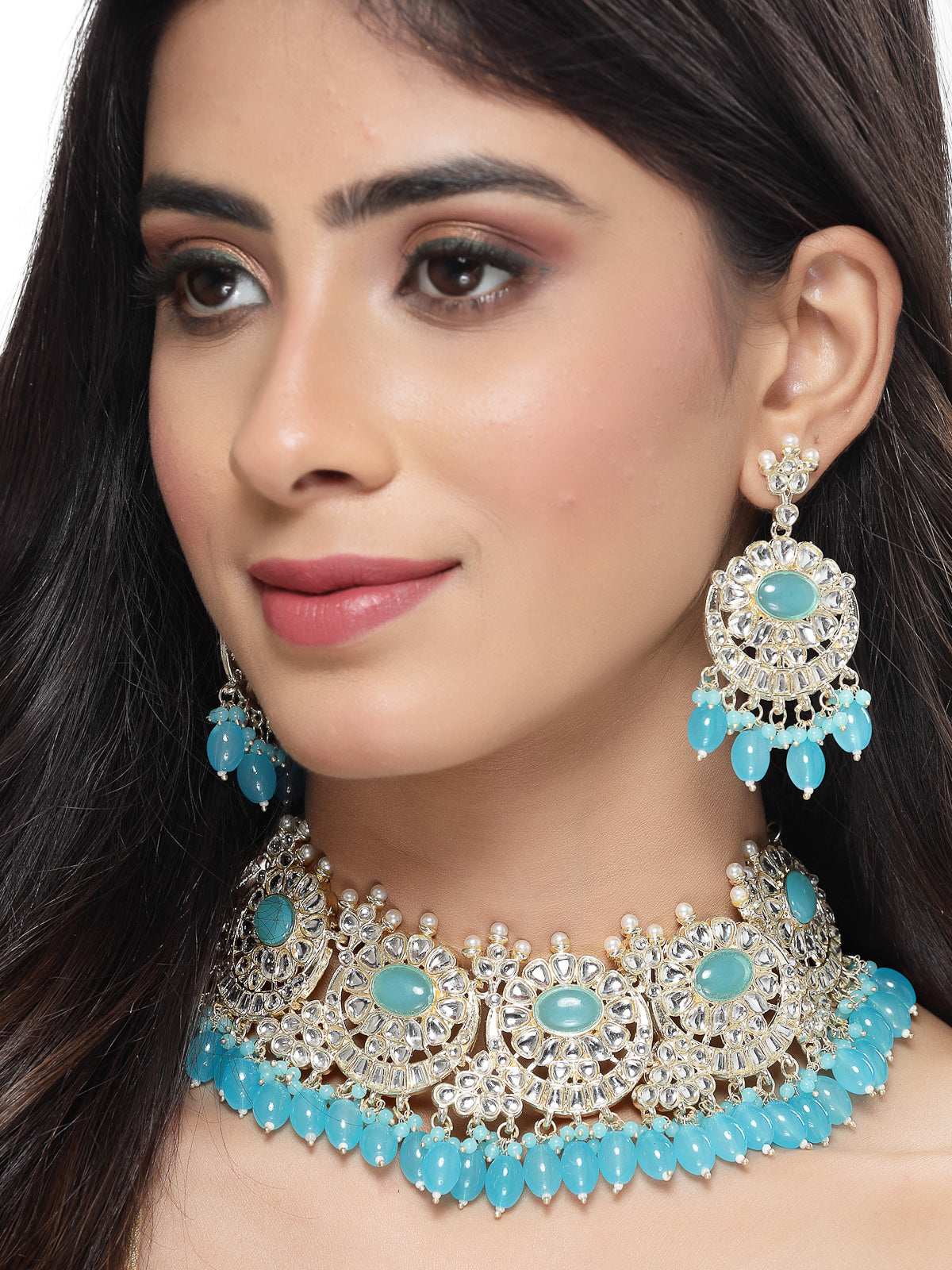 Studio Sukkhi Winsome Gold Plated Aqua Blue Kundan & Beads Choker Necklace Set For Women NS105830