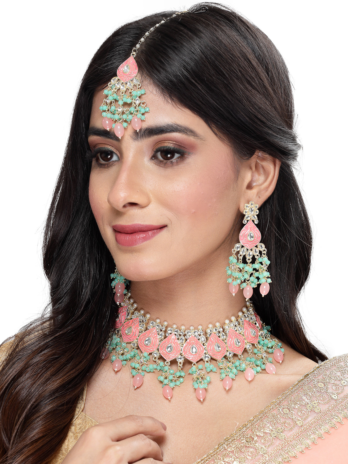 Studio Sukkhi Memorable Gold Plated Pink & Mint Green Kundan & Beads Choker Necklace Set For Women NS105831