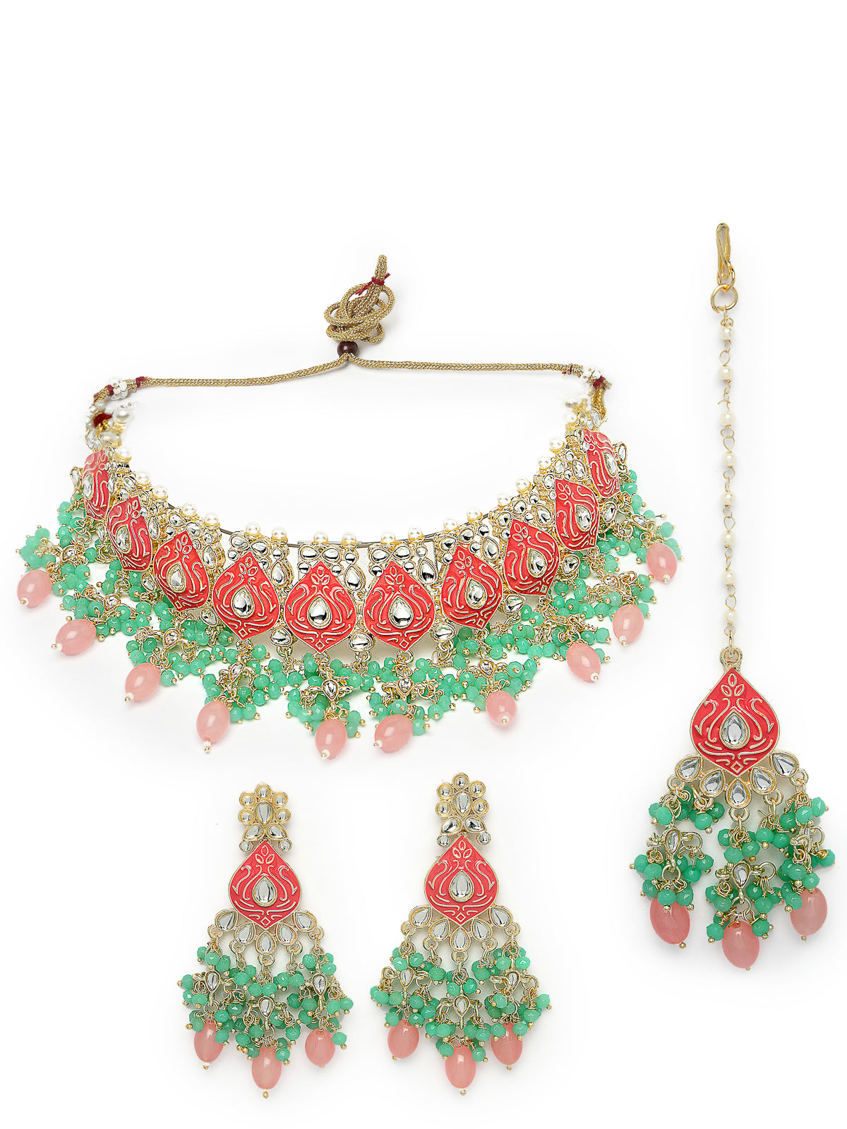Studio Sukkhi Memorable Gold Plated Pink & Mint Green Kundan & Beads Choker Necklace Set For Women NS105831