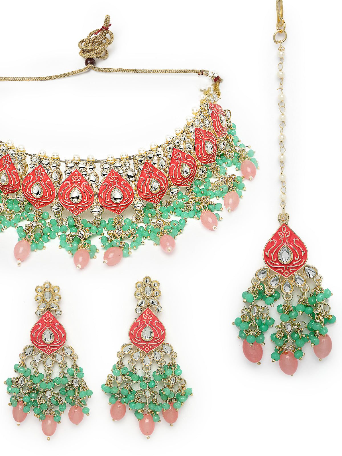 Studio Sukkhi Memorable Gold Plated Pink & Mint Green Kundan & Beads Choker Necklace Set For Women NS105831