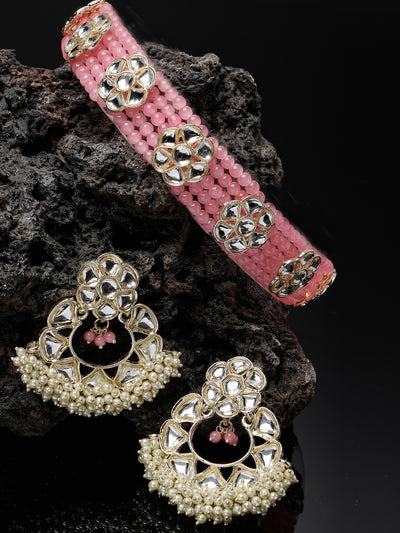 Studio Sukkhi Decorative Gold Plated Pink Kundan & Beads Choker Necklace Set For Women NS105832