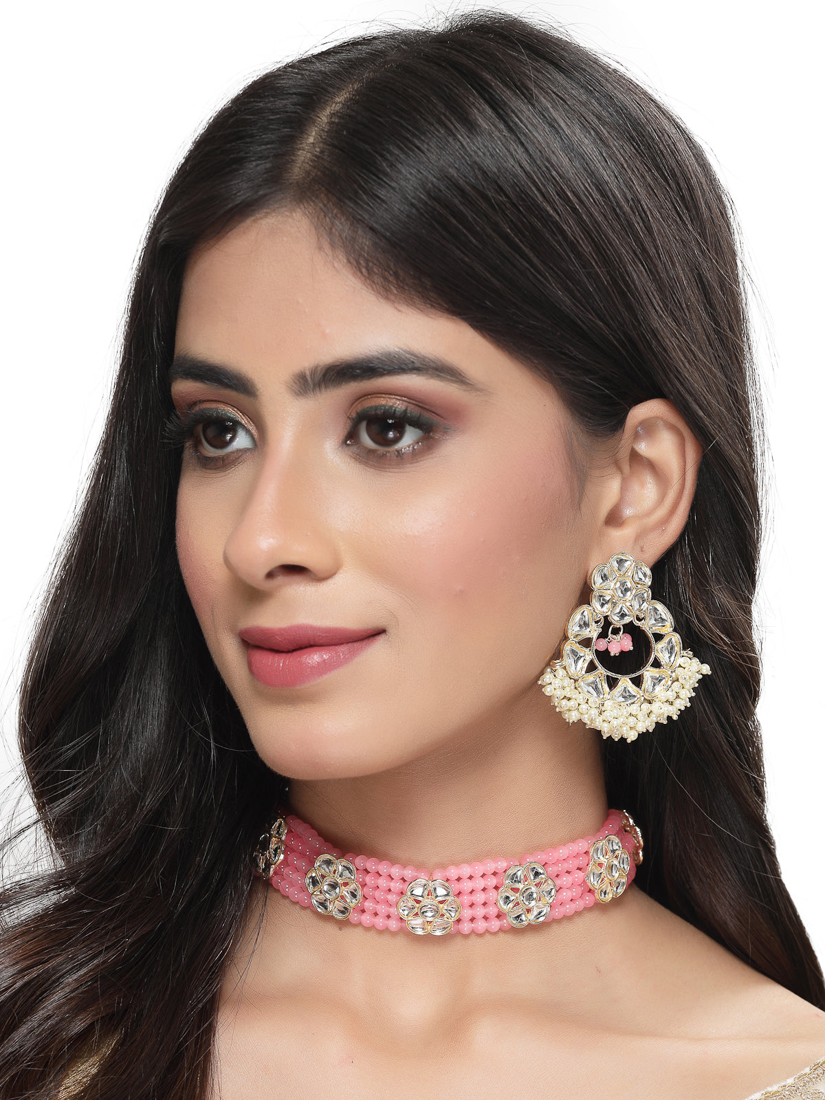 Studio Sukkhi Decorative Gold Plated Pink Kundan & Beads Choker Necklace Set For Women NS105832