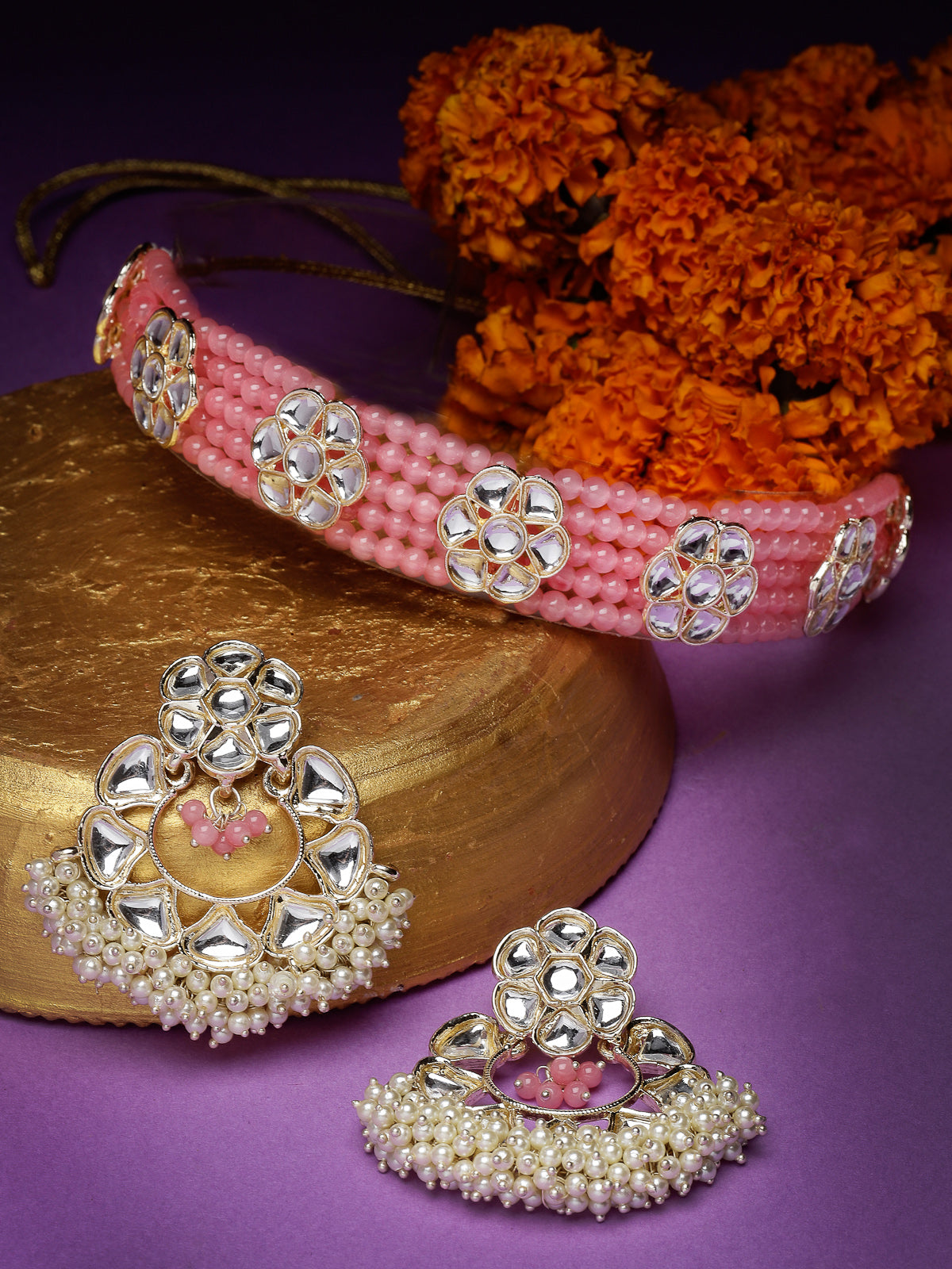 Studio Sukkhi Decorative Gold Plated Pink Kundan & Beads Choker Necklace Set For Women NS105832