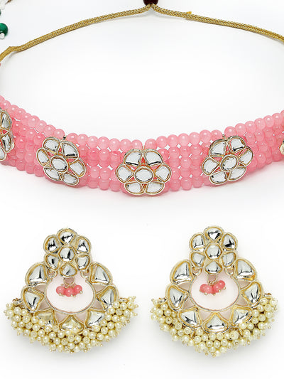 Studio Sukkhi Decorative Gold Plated Pink Kundan & Beads Choker Necklace Set For Women NS105832