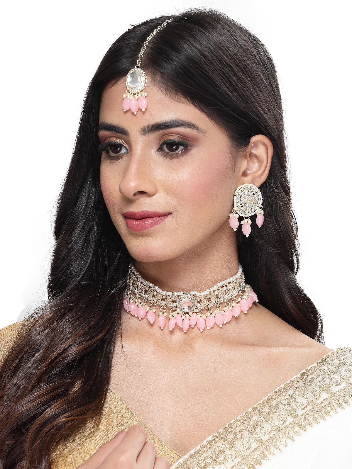 Studio Sukkhi Distinguished Gold Plated Pink Kundan & Beads Choker Necklace Set For Women NS105833