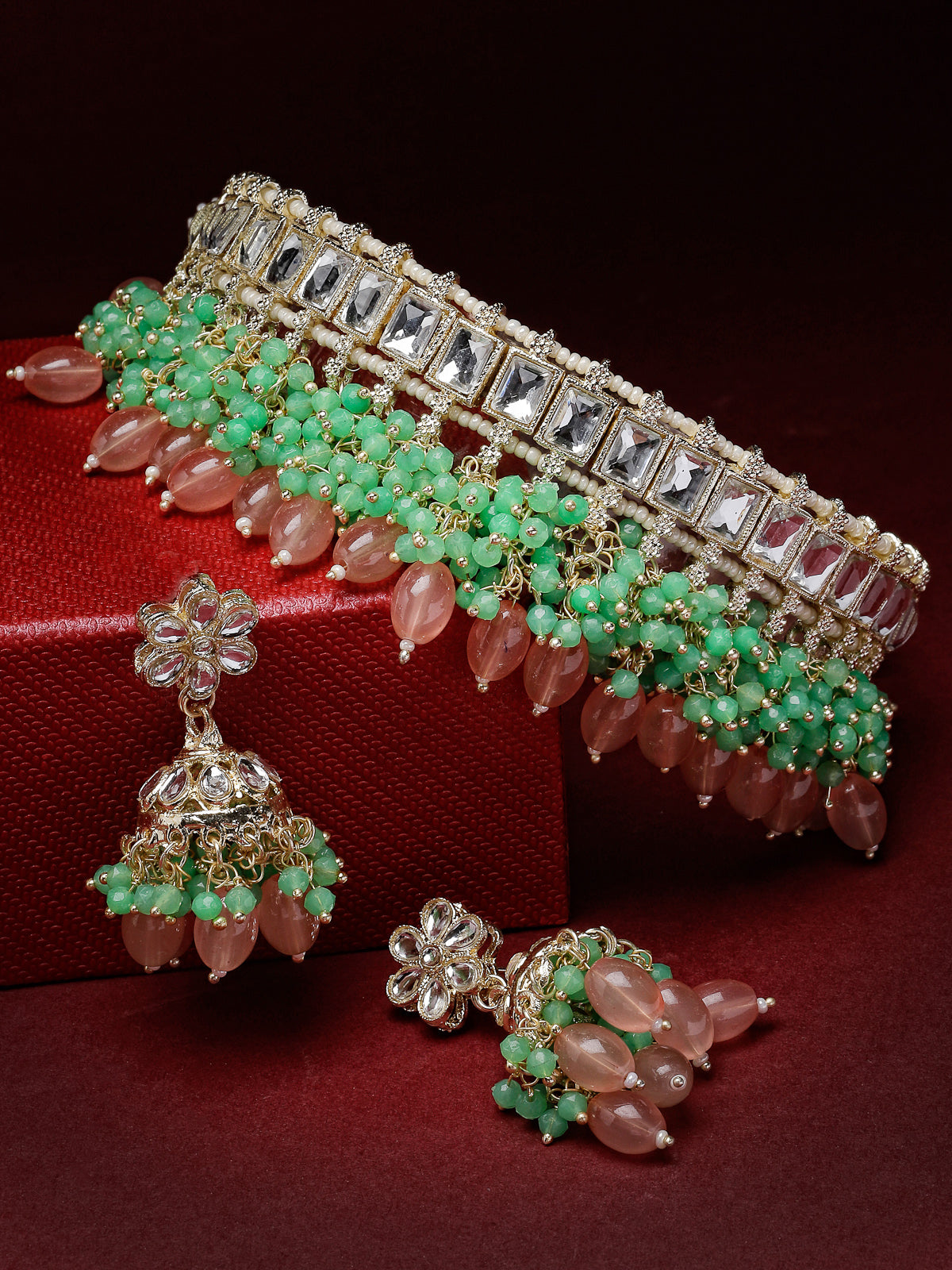 Studio Sukkhi Glamorous Gold Plated Pink & Mint Green Kundan & Beads Choker Necklace Set For Women NS105836