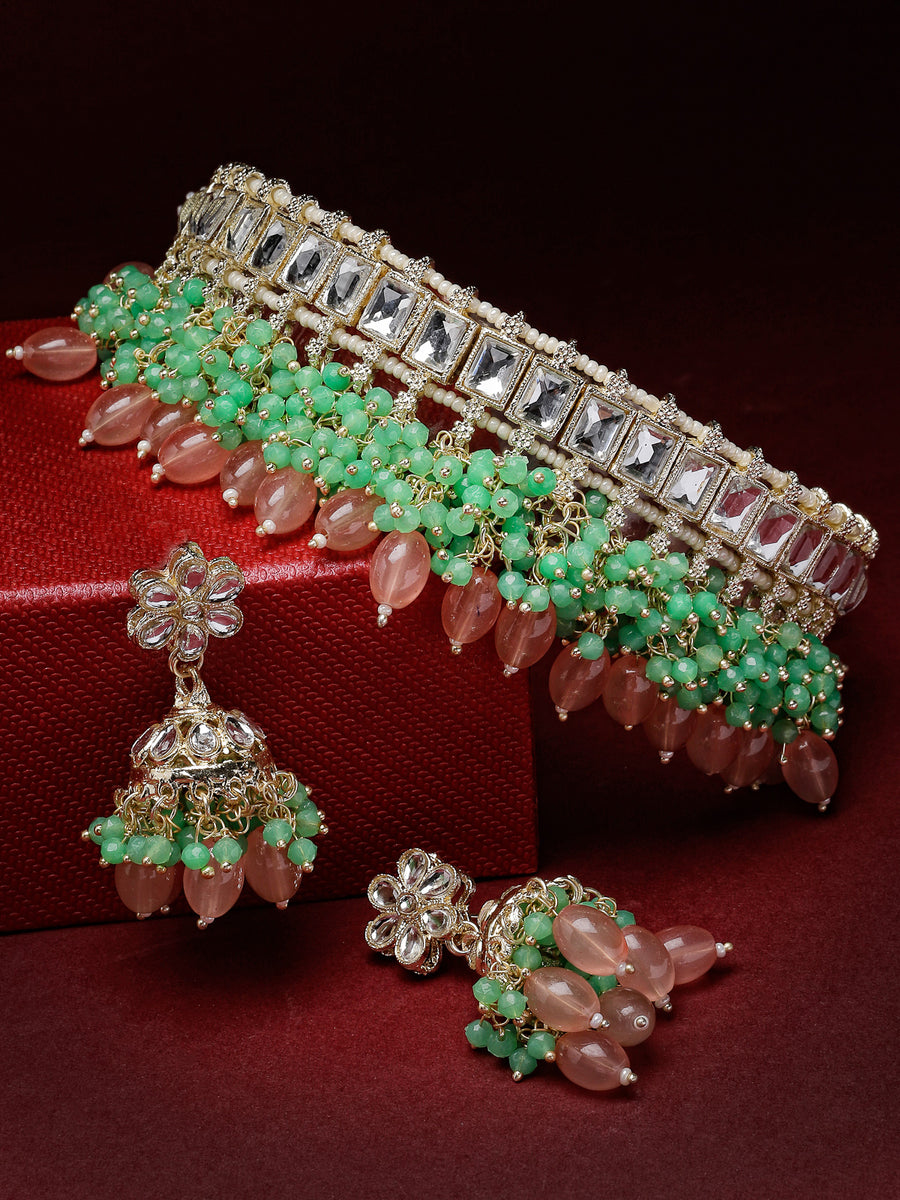 Studio Sukkhi Glamorous Gold Plated Pink & Mint Green Kundan & Beads Choker Necklace Set For Women NS105836