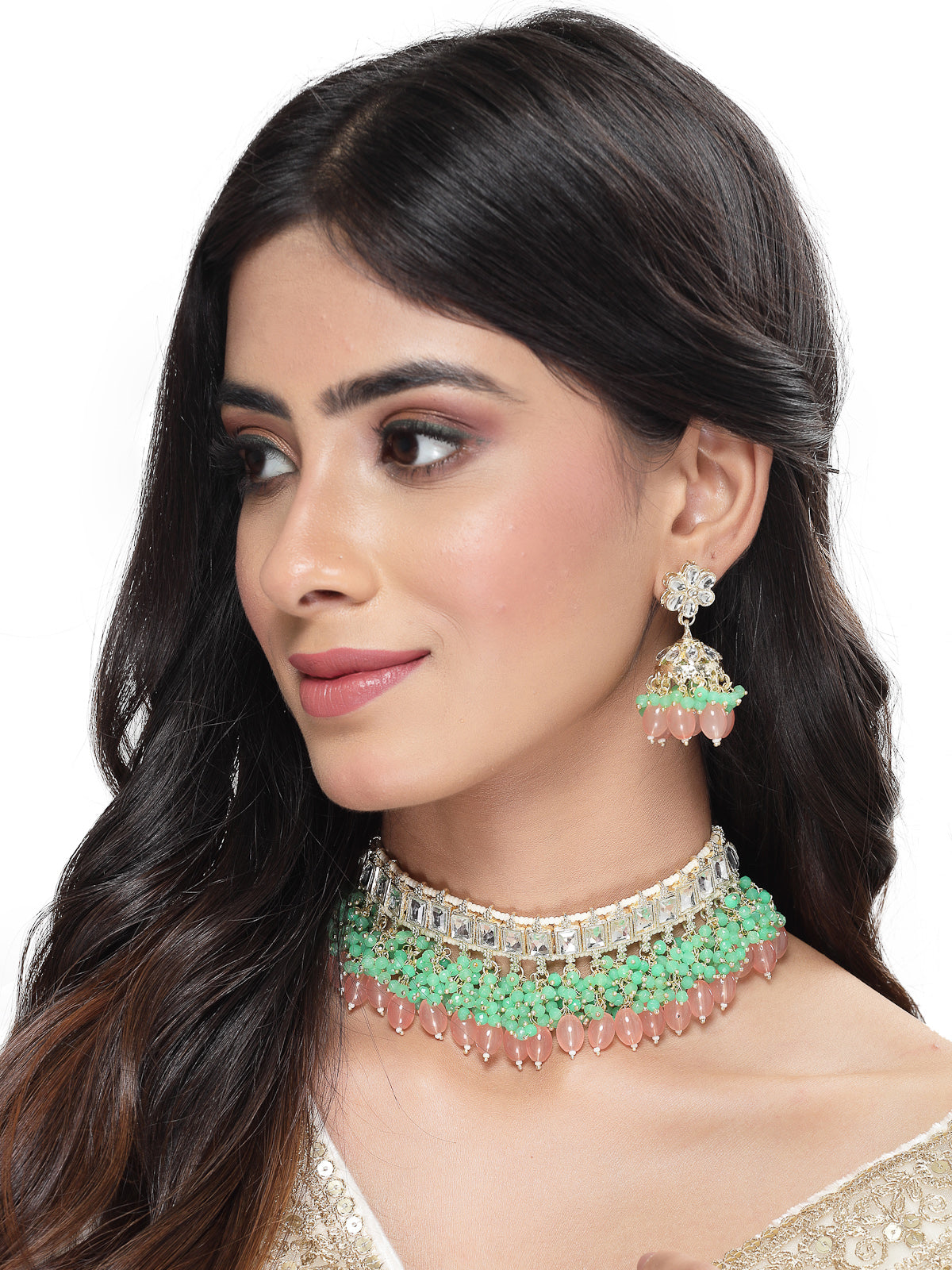 Studio Sukkhi Glamorous Gold Plated Pink & Mint Green Kundan & Beads Choker Necklace Set For Women NS105836