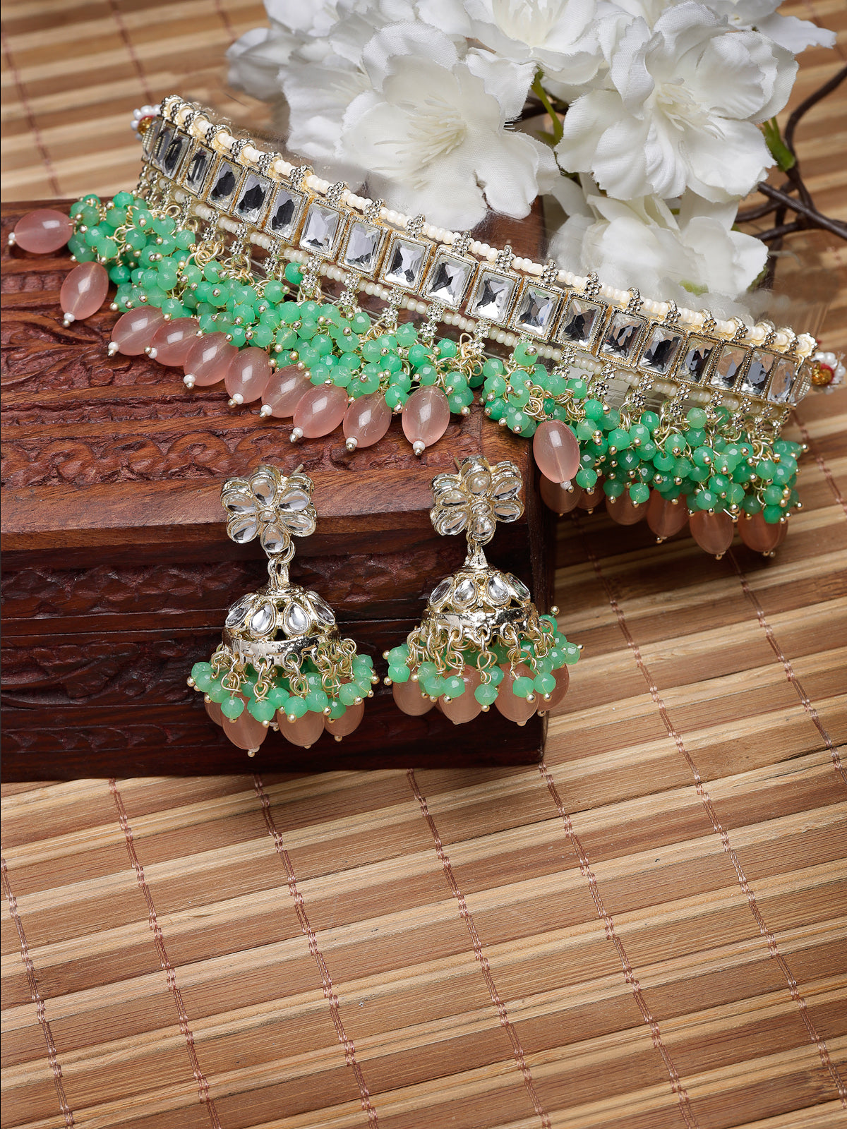 Studio Sukkhi Glamorous Gold Plated Pink & Mint Green Kundan & Beads Choker Necklace Set For Women NS105836