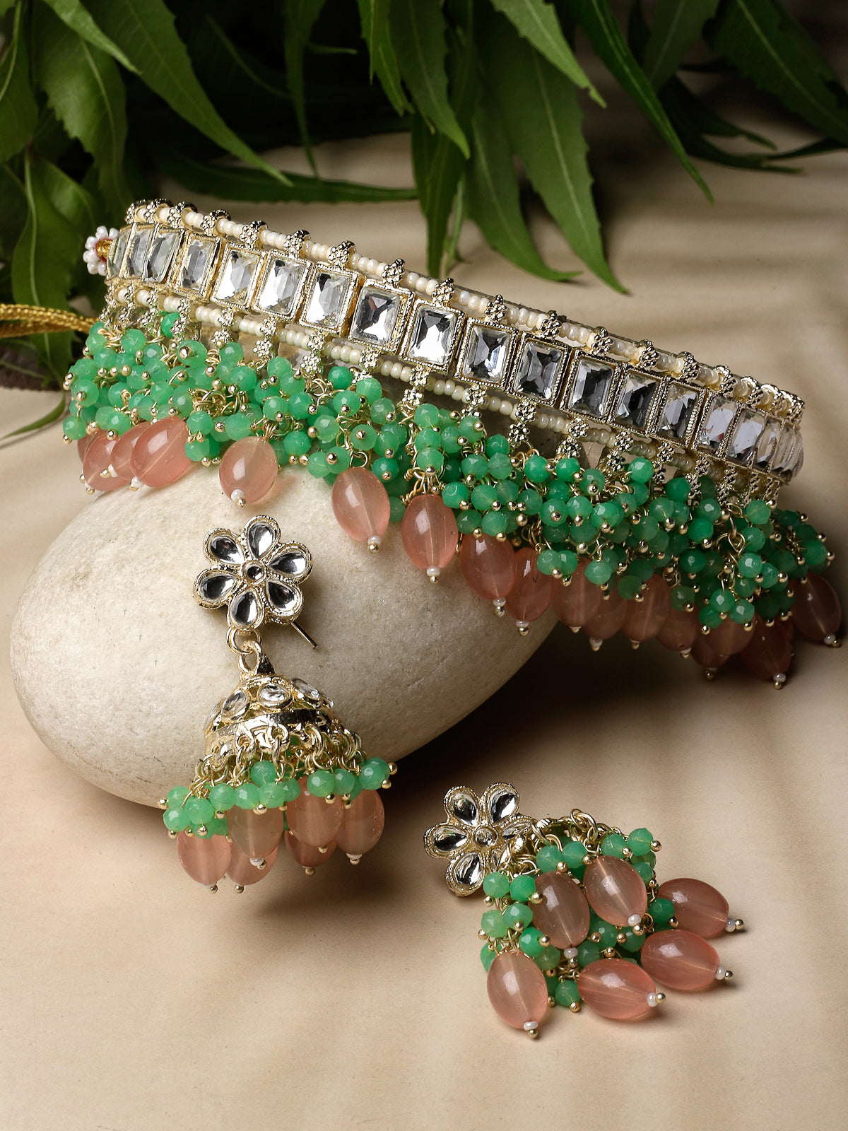 Studio Sukkhi Glamorous Gold Plated Pink & Mint Green Kundan & Beads Choker Necklace Set For Women NS105836