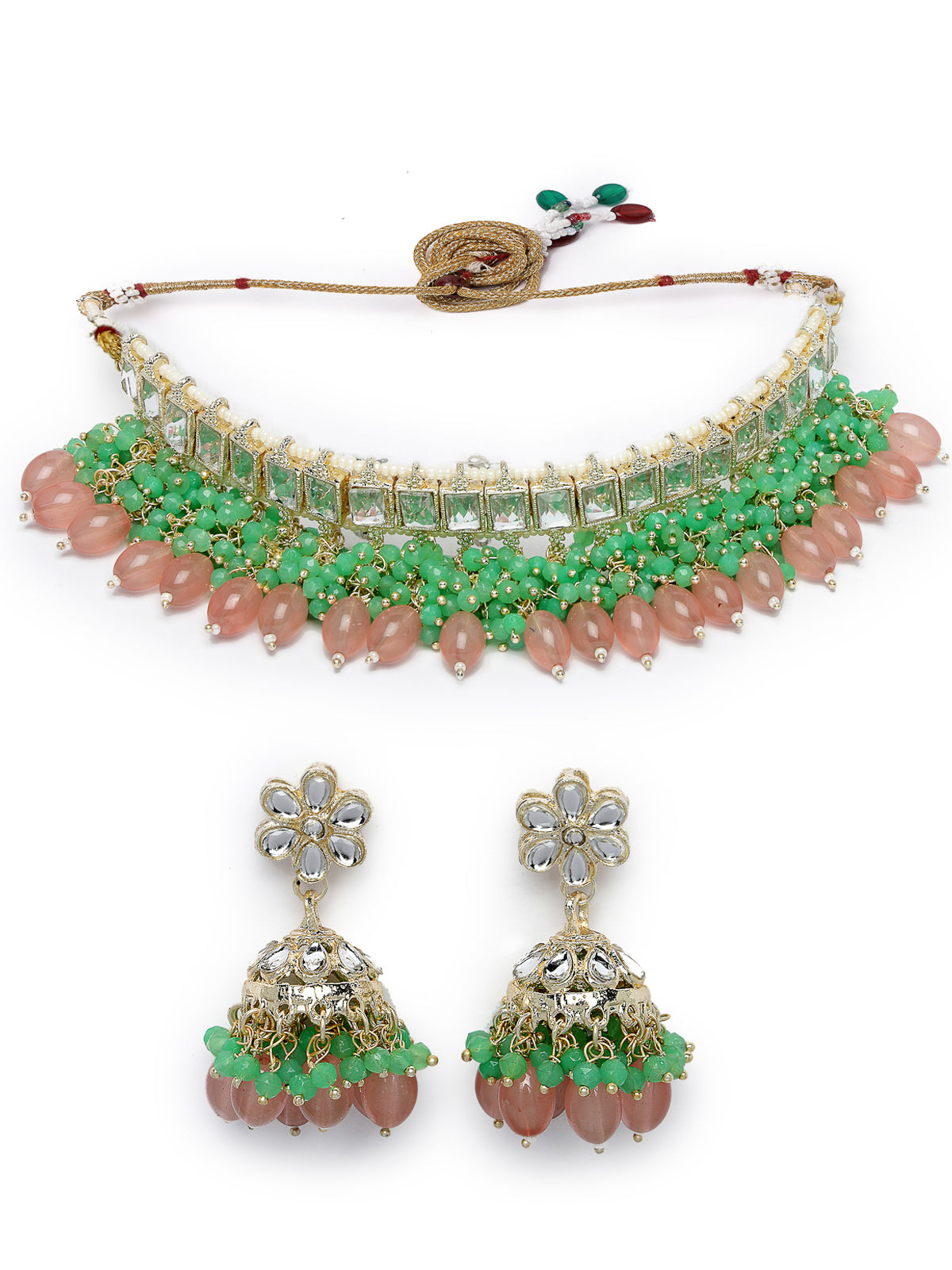 Studio Sukkhi Glamorous Gold Plated Pink & Mint Green Kundan & Beads Choker Necklace Set For Women NS105836