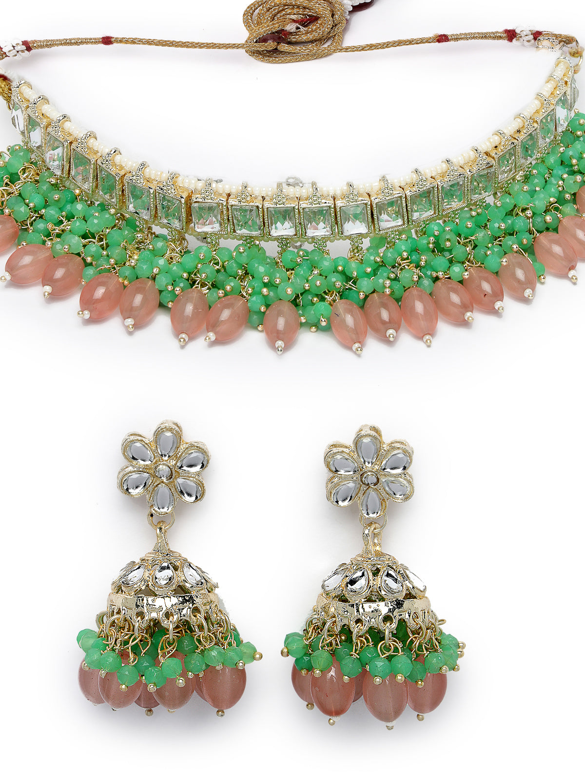 Studio Sukkhi Glamorous Gold Plated Pink & Mint Green Kundan & Beads Choker Necklace Set For Women NS105836