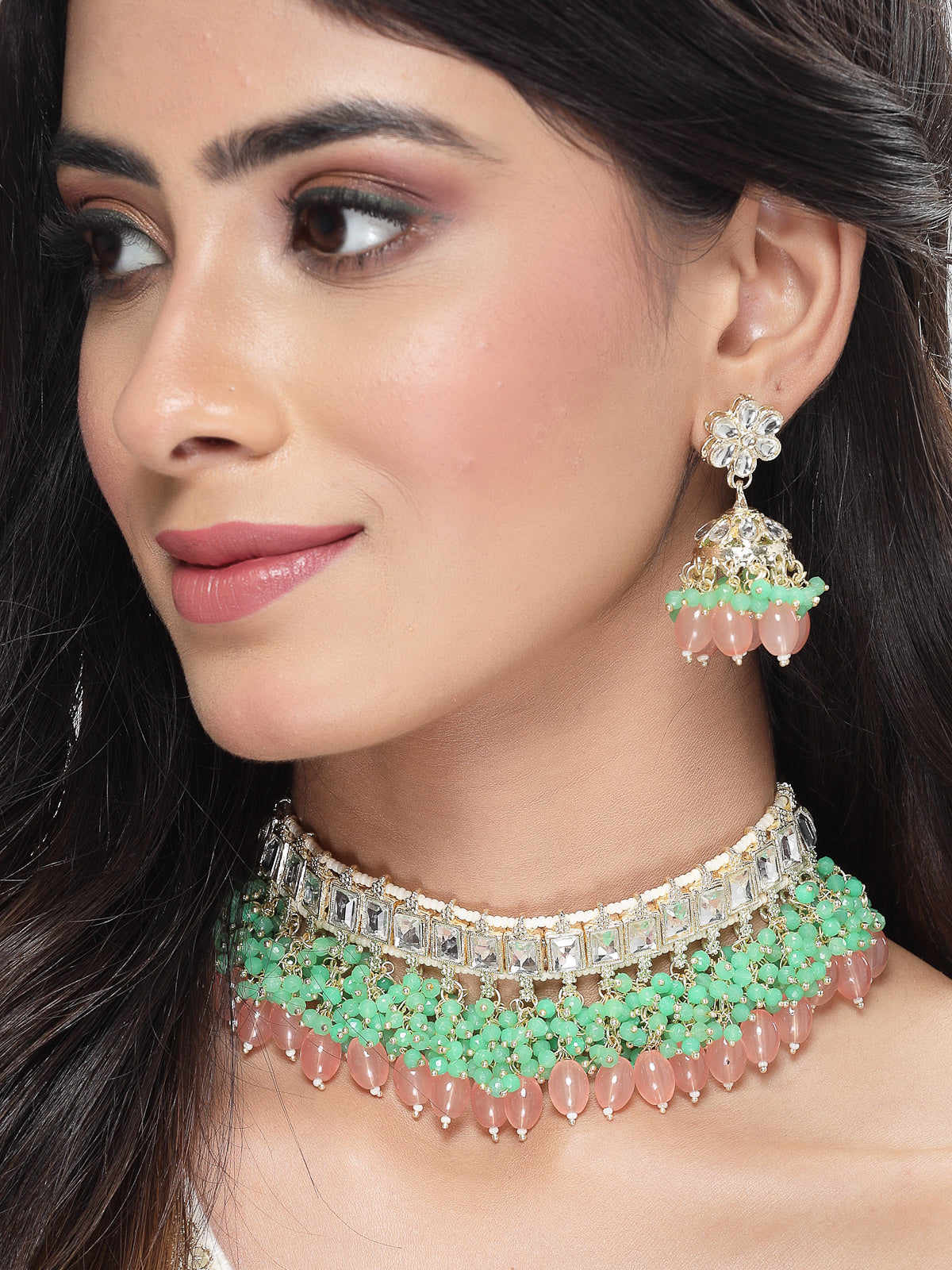 Studio Sukkhi Glamorous Gold Plated Pink & Mint Green Kundan & Beads Choker Necklace Set For Women NS105836