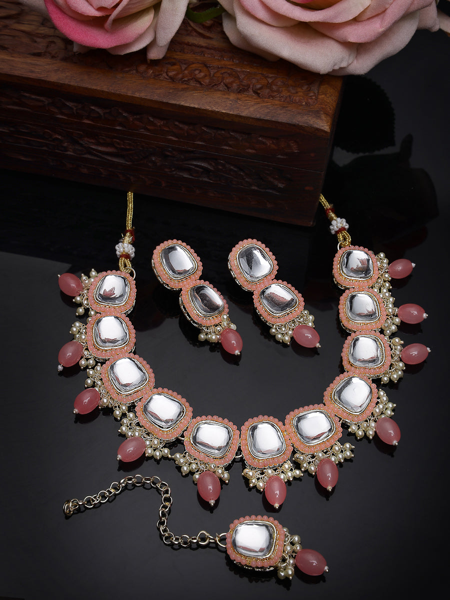 Studio Sukkhi Irresistible Gold Plated Pink Kundan & Beads Choker Necklace Set For Women NS105837
