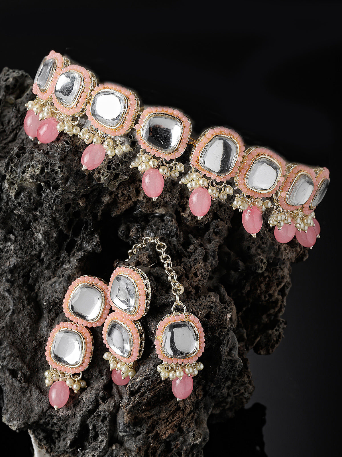 Studio Sukkhi Irresistible Gold Plated Pink Kundan & Beads Choker Necklace Set For Women NS105837