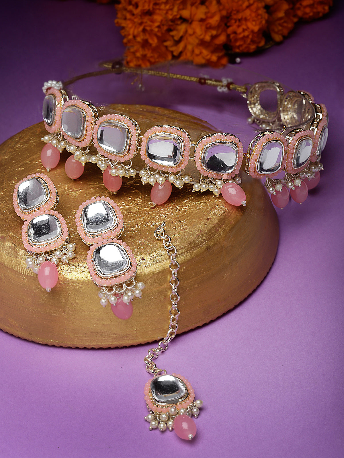 Studio Sukkhi Irresistible Gold Plated Pink Kundan & Beads Choker Necklace Set For Women NS105837