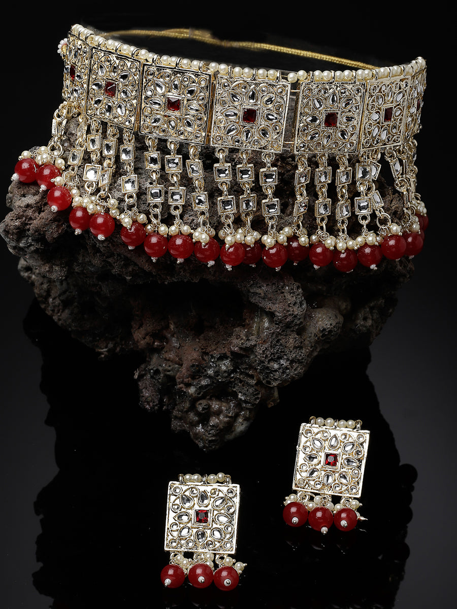 Studio Sukkhi Gold Plated Traditional Kundan & Beads Studded Bridal Choker Necklace With Earrings Jewellery Set For Women NS105838