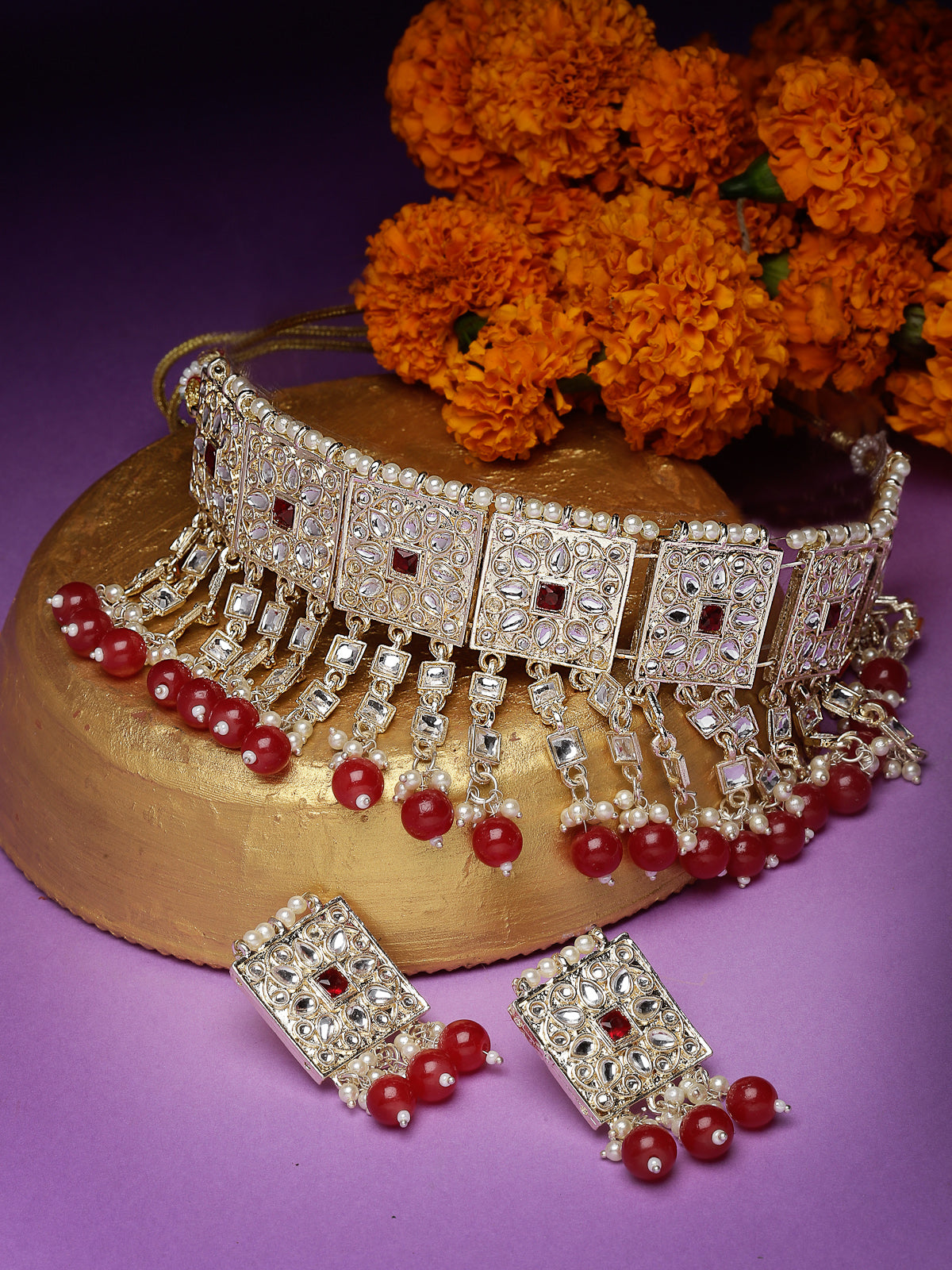 Studio Sukkhi Gold Plated Traditional Kundan & Beads Studded Bridal Choker Necklace With Earrings Jewellery Set For Women NS105838