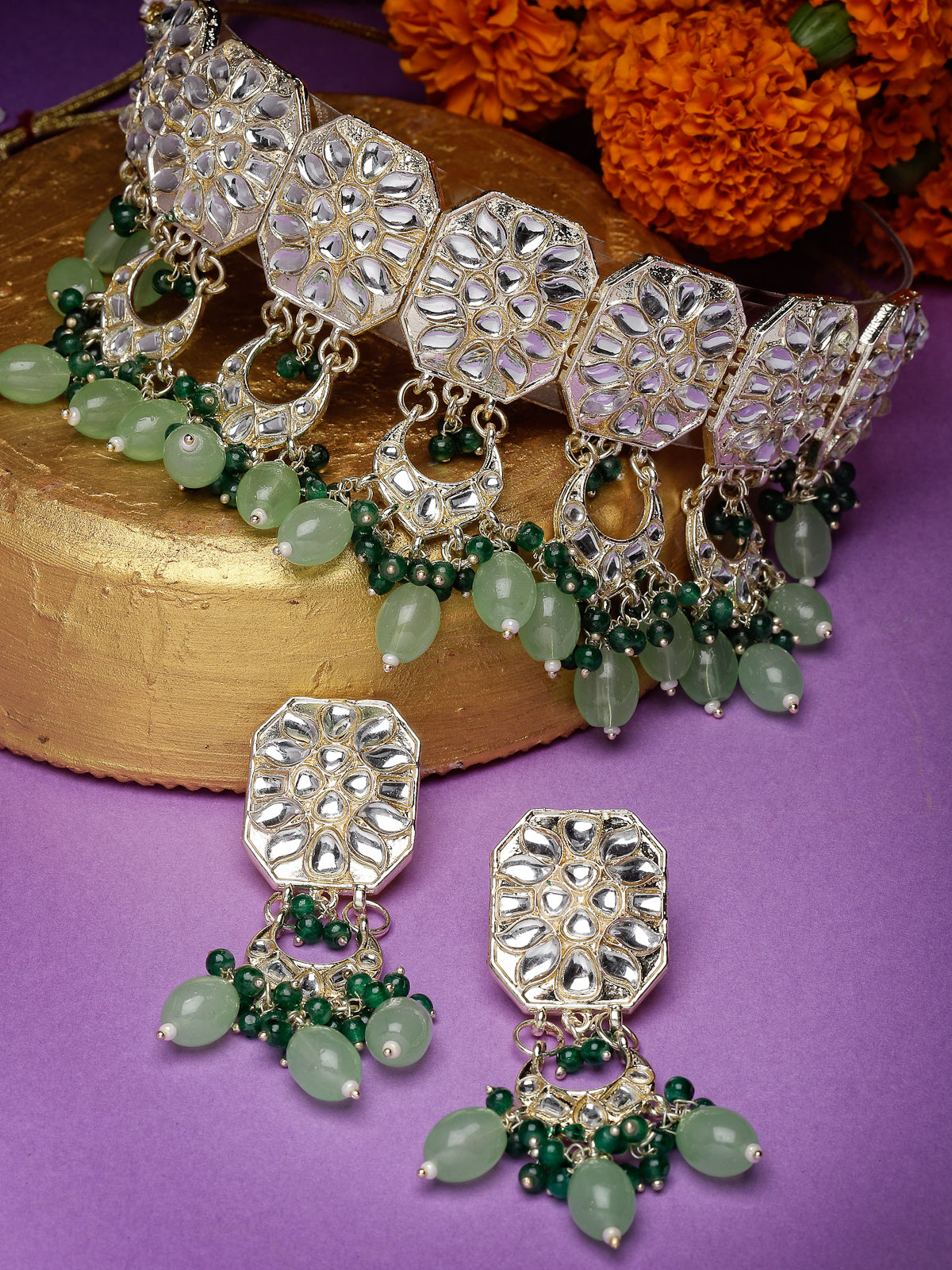 Studio Sukkhi Seaside Gold Plated Mint Green Kundan & Beads Choker Necklace Set For Women NS105839