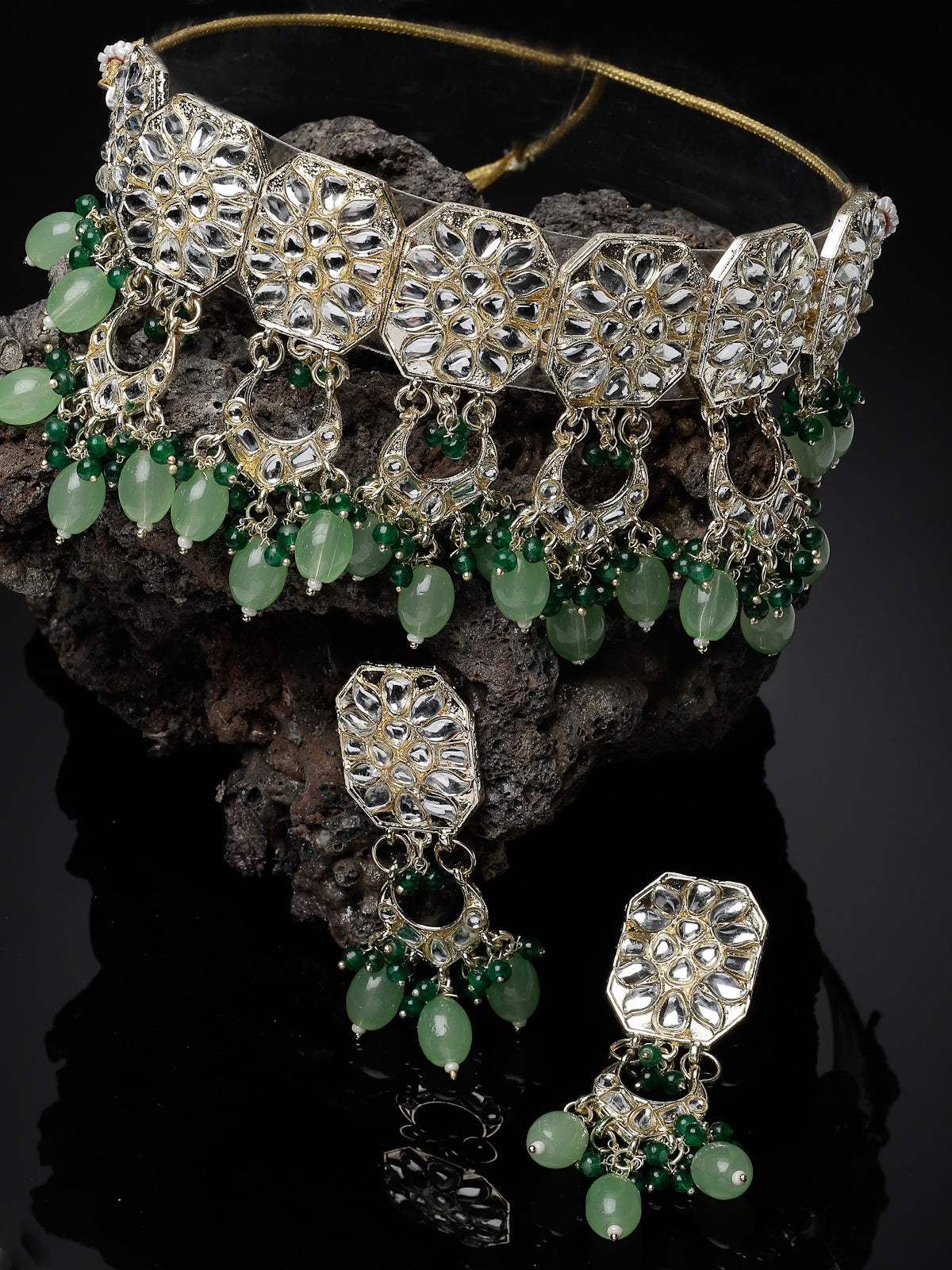 Studio Sukkhi Seaside Gold Plated Mint Green Kundan & Beads Choker Necklace Set For Women NS105839
