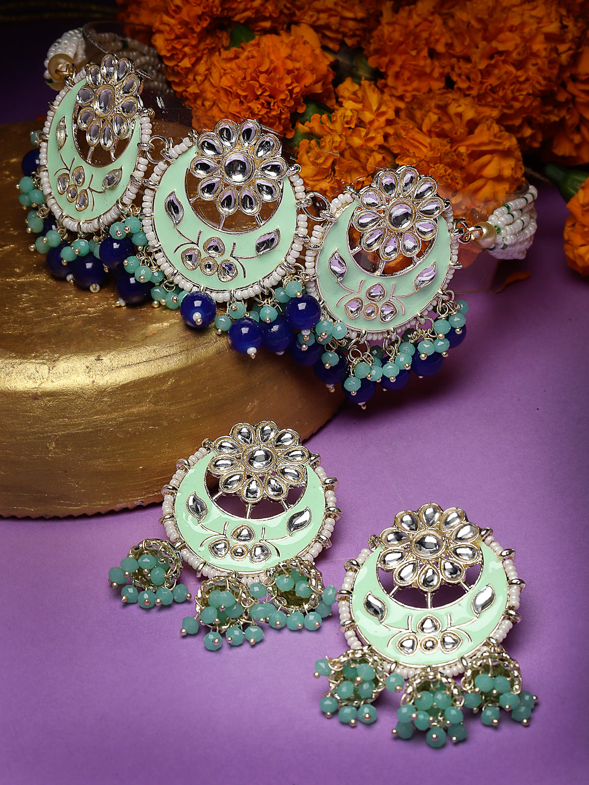 Studio Sukkhi Natural Gold Plated Blue Color Kundan & Beads Choker Necklace Set For Women NS105840