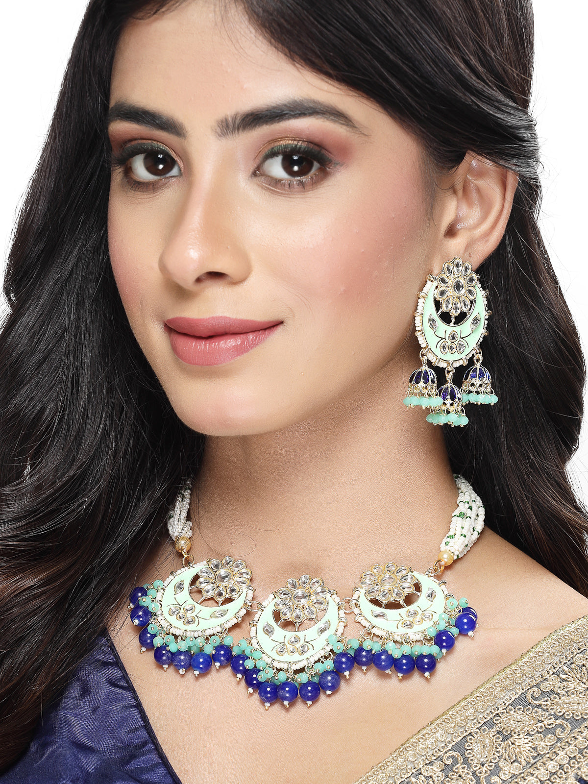 Studio Sukkhi Natural Gold Plated Blue Color Kundan & Beads Choker Necklace Set For Women NS105840